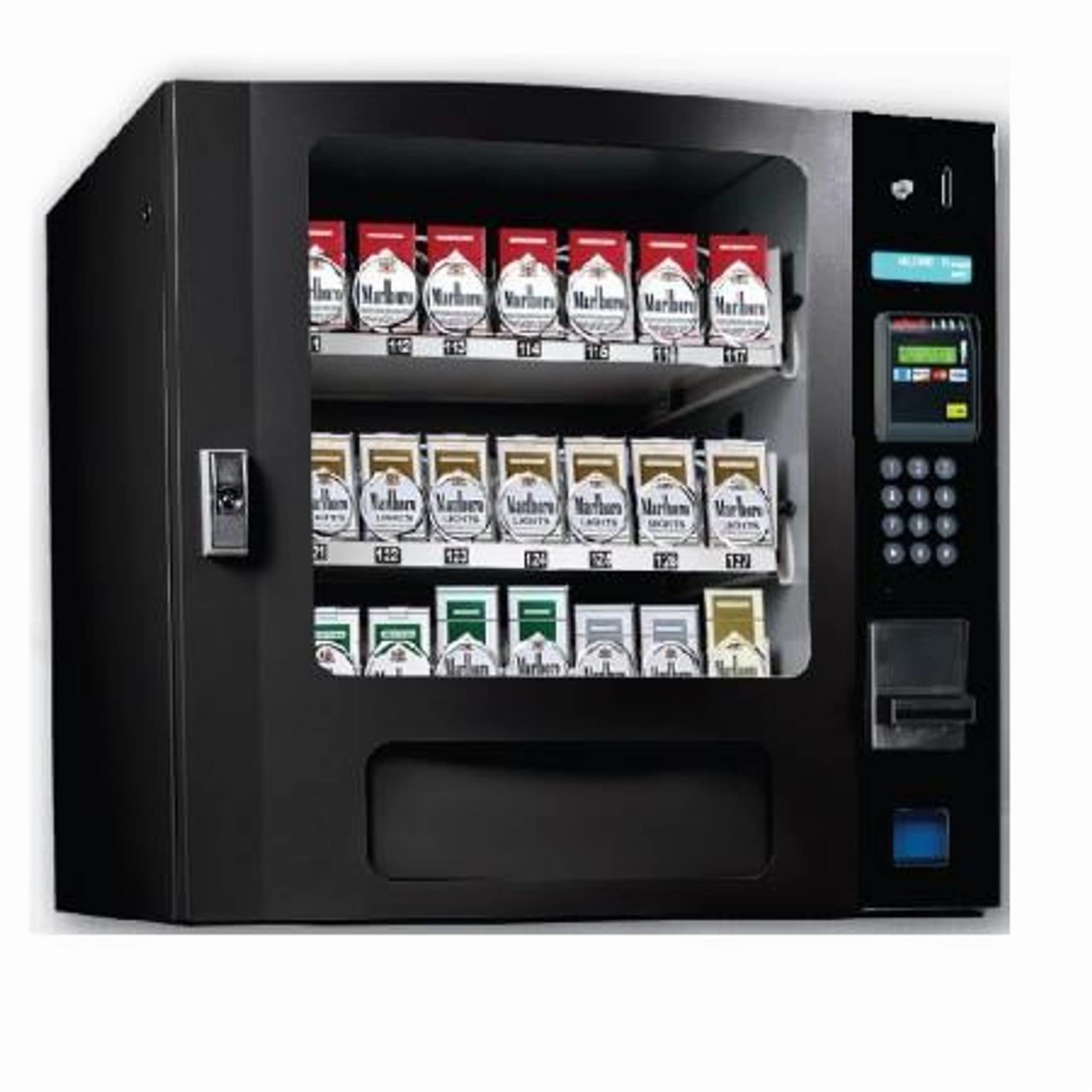 SM24 Countertop Cigarette Vendor, Capacity 24 selections, 336 Packs of Cigarettes; Includes Changer & Bill Acceptor, Credit Card Reader Not Included, Black Color