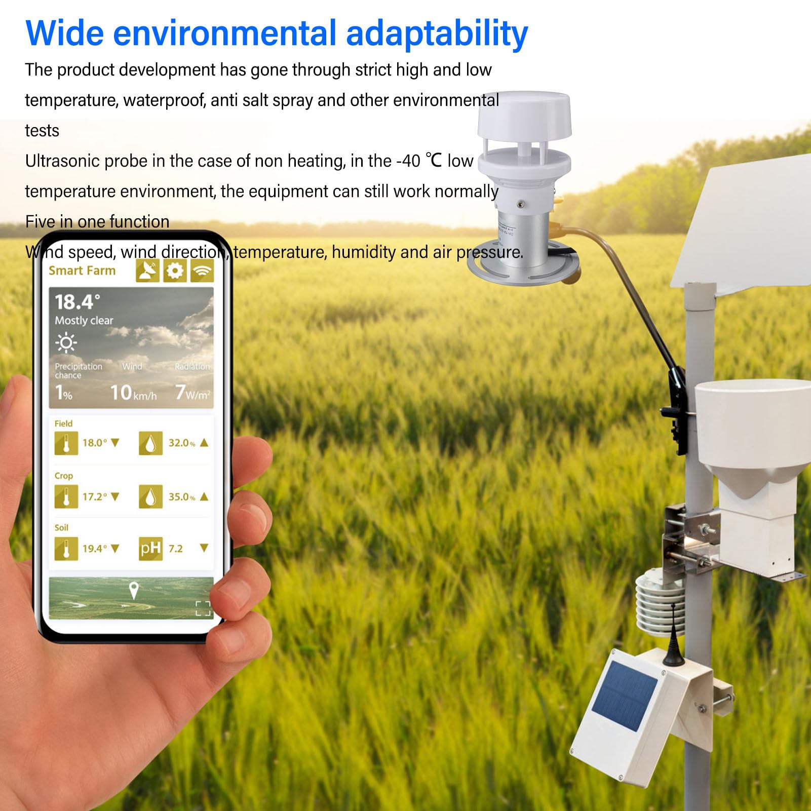 Generic Sensore Ambientale Meteorologico 5 in 1 con velocità e Direzione del Ad Alta Precisione per Meteorologia Agricola e Monitoraggio Ambientale DC9V-30V