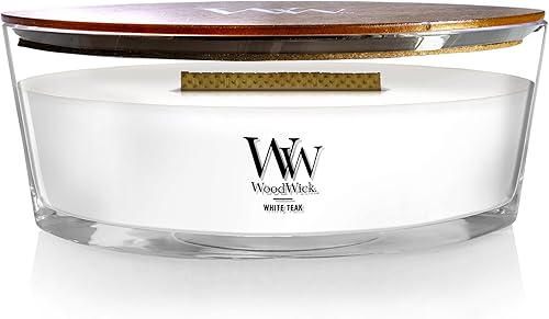 Miniatura 9 de WoodWick - Vela mediana en frasco, aroma White Teak, con forma de reloj de arena, cera de mezcla de soja, mecha de madera Pluswick Innovation,