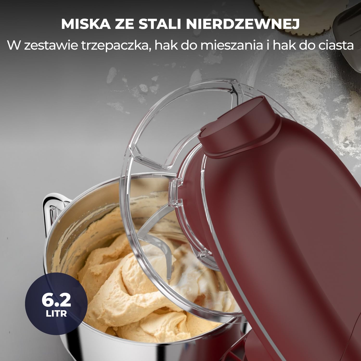 Planetarna mikser z maszyną do makaronu - 2000 W, robot kuchenny z maszyną do świeżego makaronu, maszynka do makaronu, 6,2 l, miska ze stali nierdzewnej (czerwona)