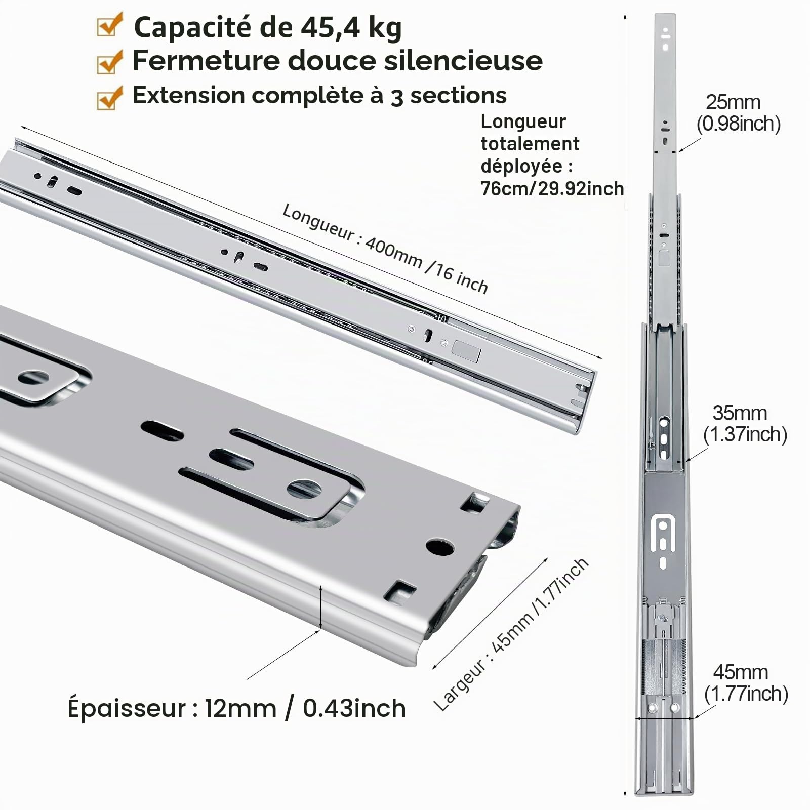 glissiere pour tiroir 6 paires (12pcs), 40cm Glissières de tiroir à fermeture automatique douce, extension complète avec glissières à roulement à billes, coulisse tiroir 45kg de capacité
