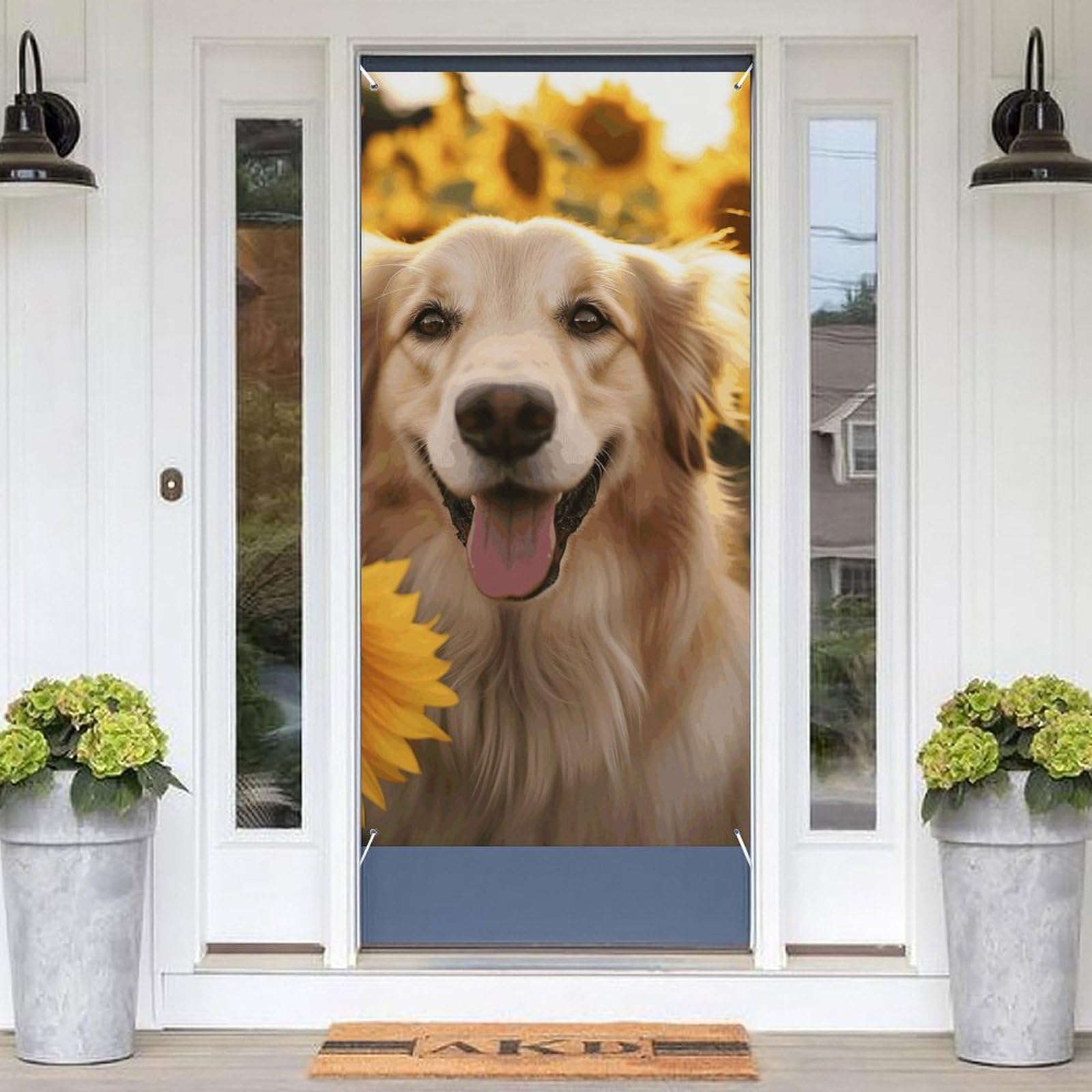KLOPH Door Cover Decoration Welcome DoorBanner Porch Sign Photo Background Door Curtains for Doorway Privacy Window Curtain Dog and Sunflower Porch Cover Indoor Outdoor Decor 70.9x35.4in