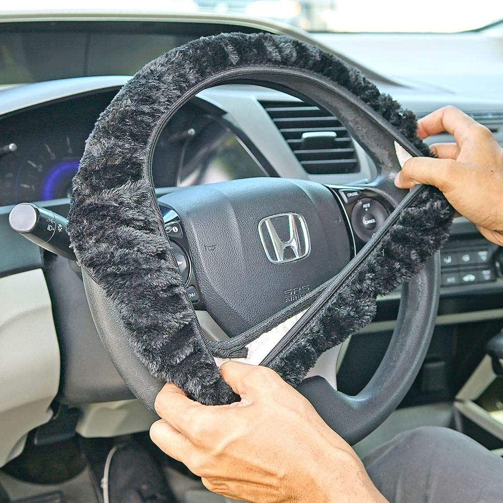 Fuzzy Steering Wheel Cover – Plush Black Universal Fit for 14–16” Wheels, Non-Slip Elastic Stretch Cushion Protector