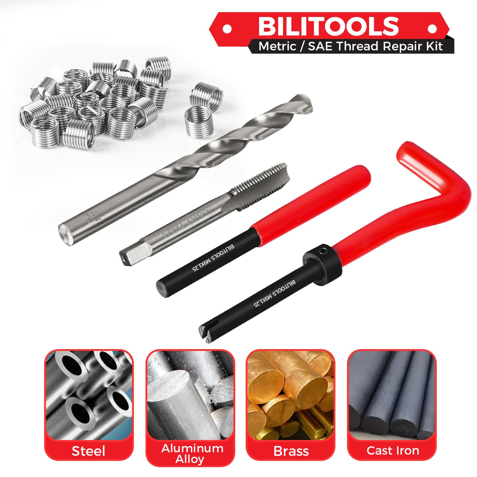 BILITOOLS M9x1.25 Helicoil Thread Repair Kit metrico, HSS Drill Heli Coil Kit di riparazione