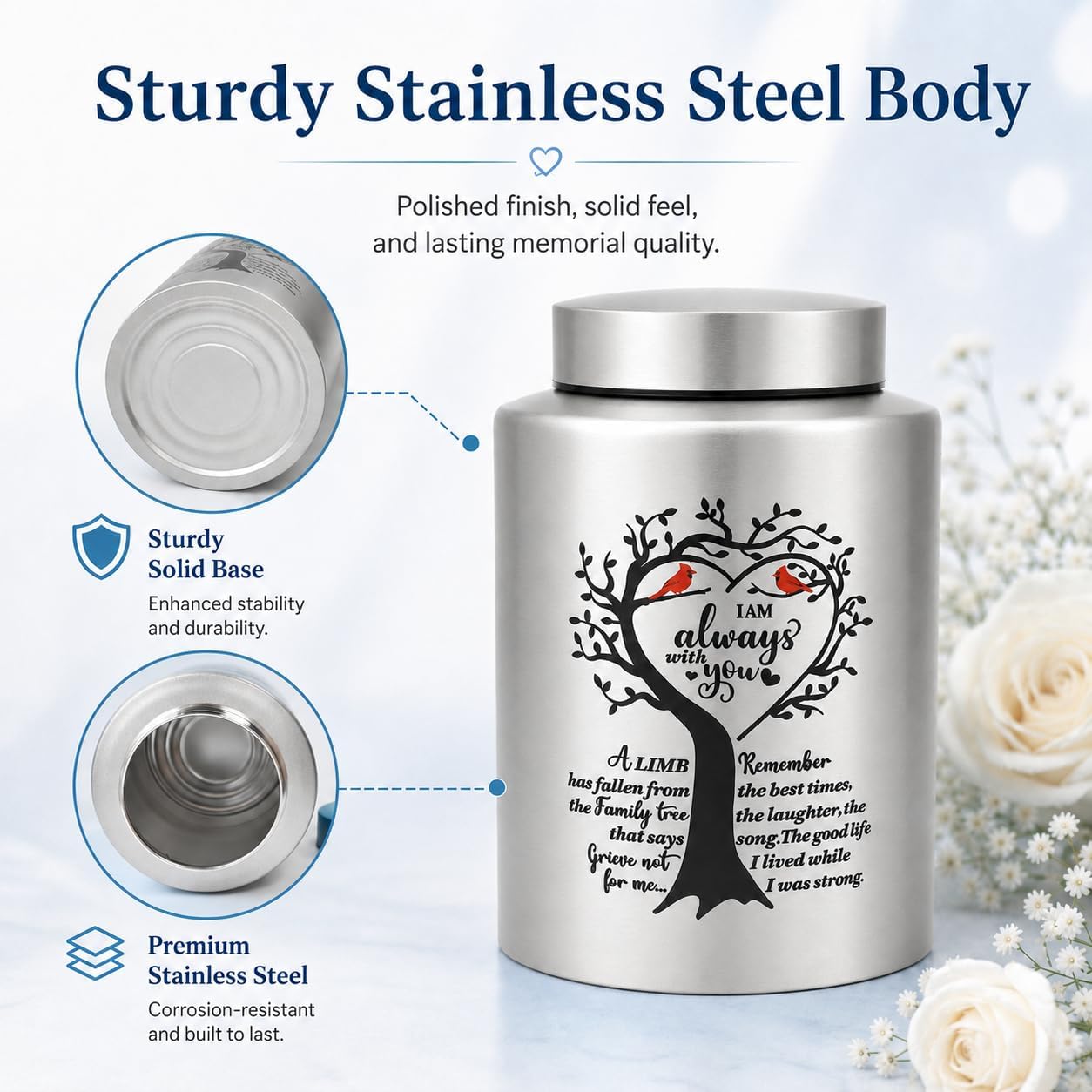 7.3 Inch Medium Urns for Human Ashes, Cremation Urn for Human Ashes, 140 Cubic Inches Decorative Stainless Steel Funeral Memorial Keepsake Urn with Two Cardinal Birds, Silver