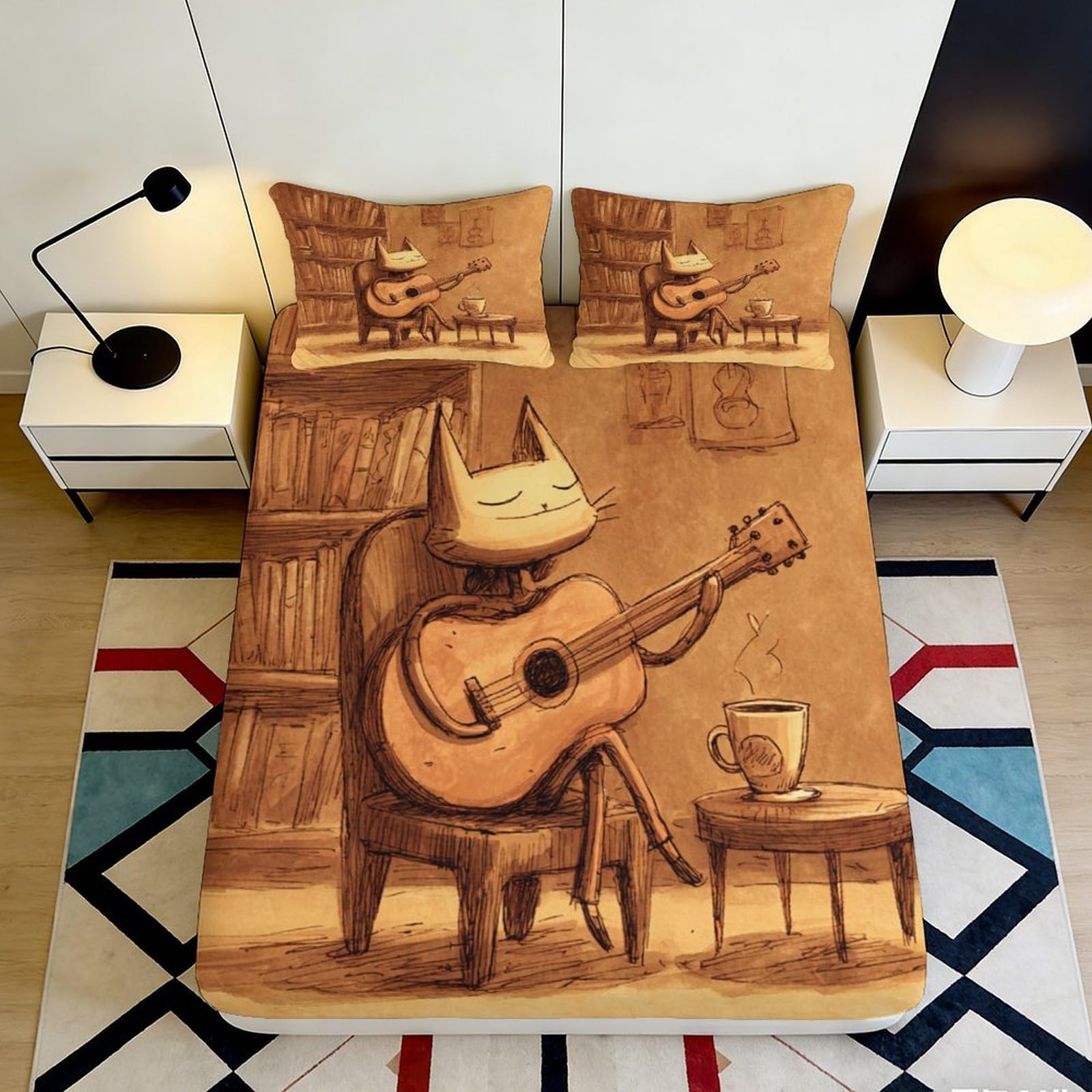 3D Printed Cat Guitar Fitted Sheet Microfiber Bedroom Set Deep Pocket Non-Slip Cat Mattress Fitted Cover Full Wrap 140x200x25cm