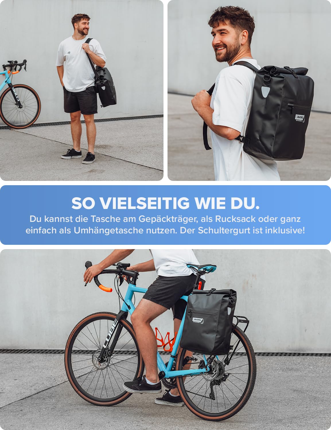 Büchel 3in1 Fahrradtasche für Gepäckträger, nutzbar als Rucksack, Umhängetasche oder Gepäckträgertasche | Fahrrad Tasche Wasserdicht & Reflektierend | mit 22L Kapazität und Anti-Rutsch Boden