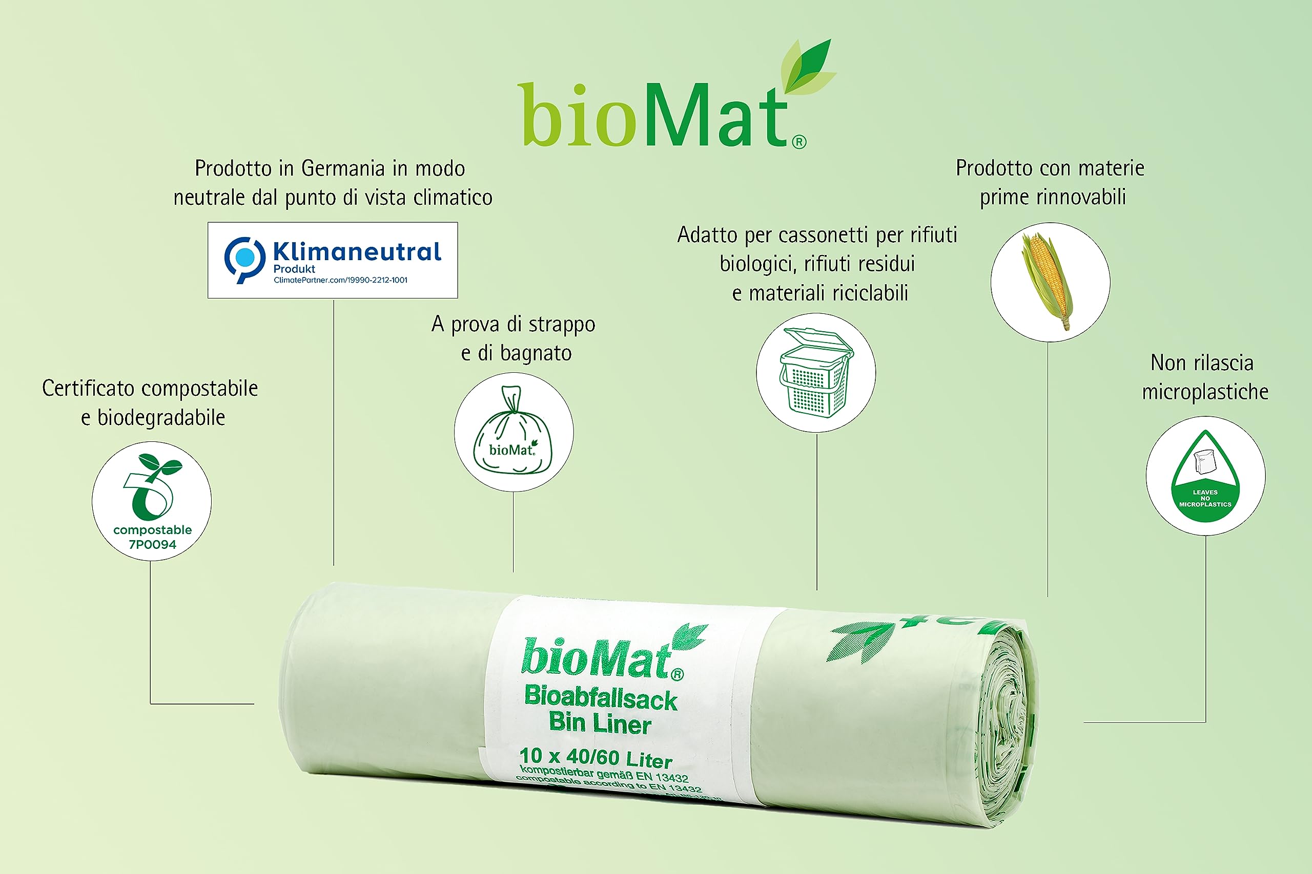bioMat Sacchetti per la Spazzatura 80l Compostabili, 100 Sacchi per Bidone dell’ Umido, Bidone per Rifiuti Residui, Qualità Premium, Neutrali dal Punto di Vista Climatico, Made in Germany