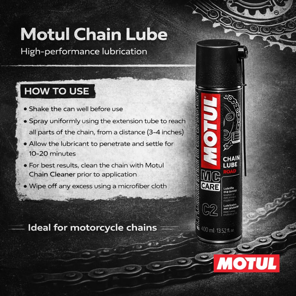Motul Ketten-Sprühfett für Straßen-Motorräder, Farblos, Geeignet für O-Ring, X-Ring, Z-Ring Ketten, Hochgeschwindigkeitsfest, Wasser- und Salzbeständig, Rostschutz, MC Care Chain Lube Road C2, 400 ml