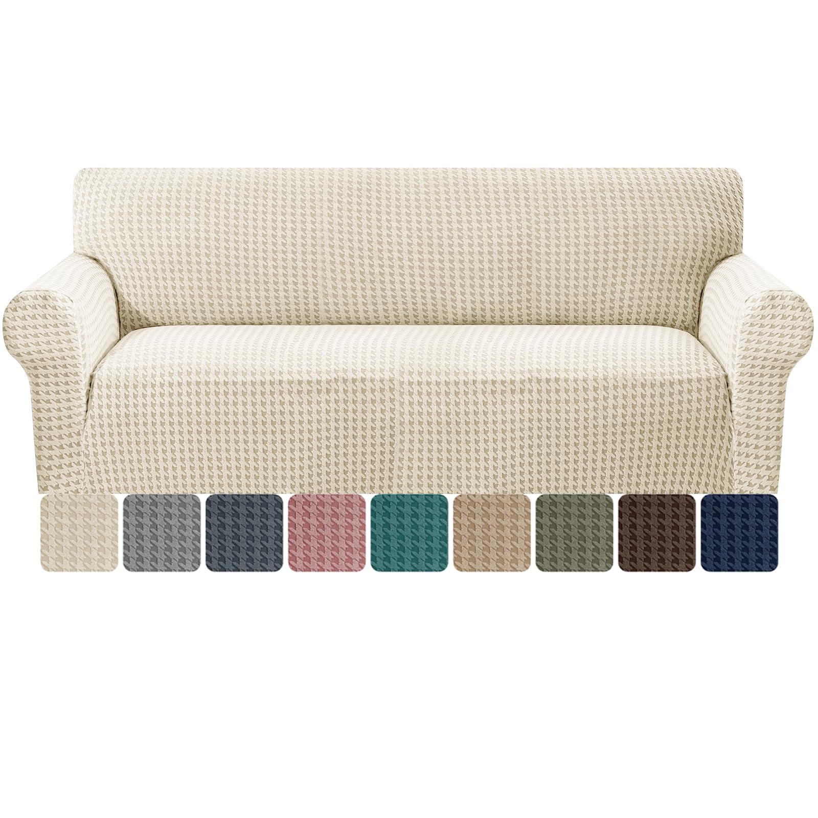 MAXIJIN Stretch 3 Seater Couch Cover Sofa Covers (71"-91" Washable Sofa Slipcovers with Non-Slip Foam & Elastic Strap, Dog Cat Pet Friendly Furniture Protector (Beige, 3 Seater)