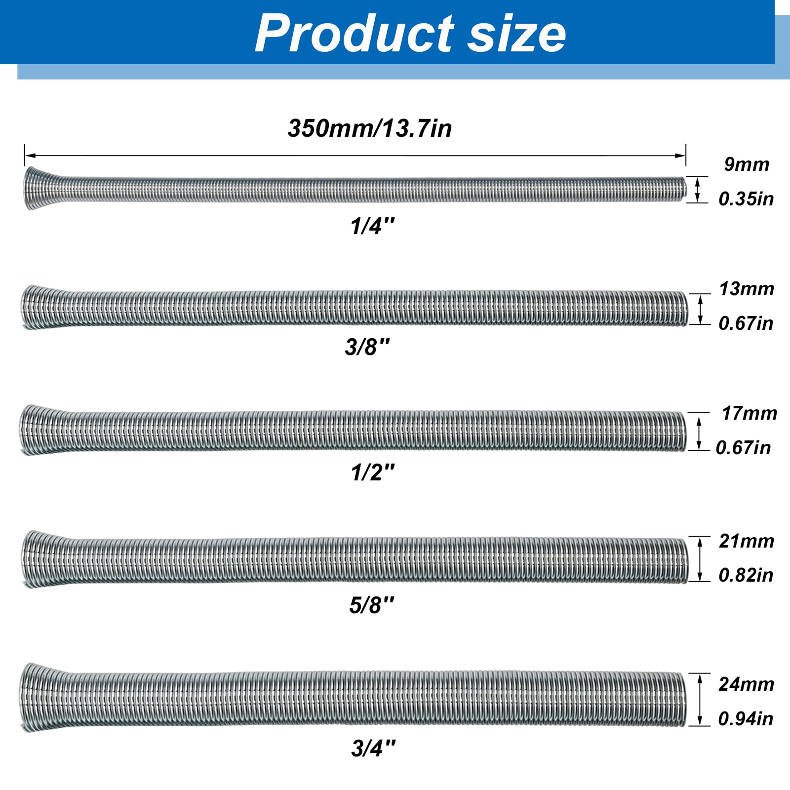 Tnisesm Set di piegatubi a molla da 1/4", 3/8", 1/2", 5/8" e 3/4" per tubi in rame, alluminio e acciaio a parete sottile, lunghezza 350 mm