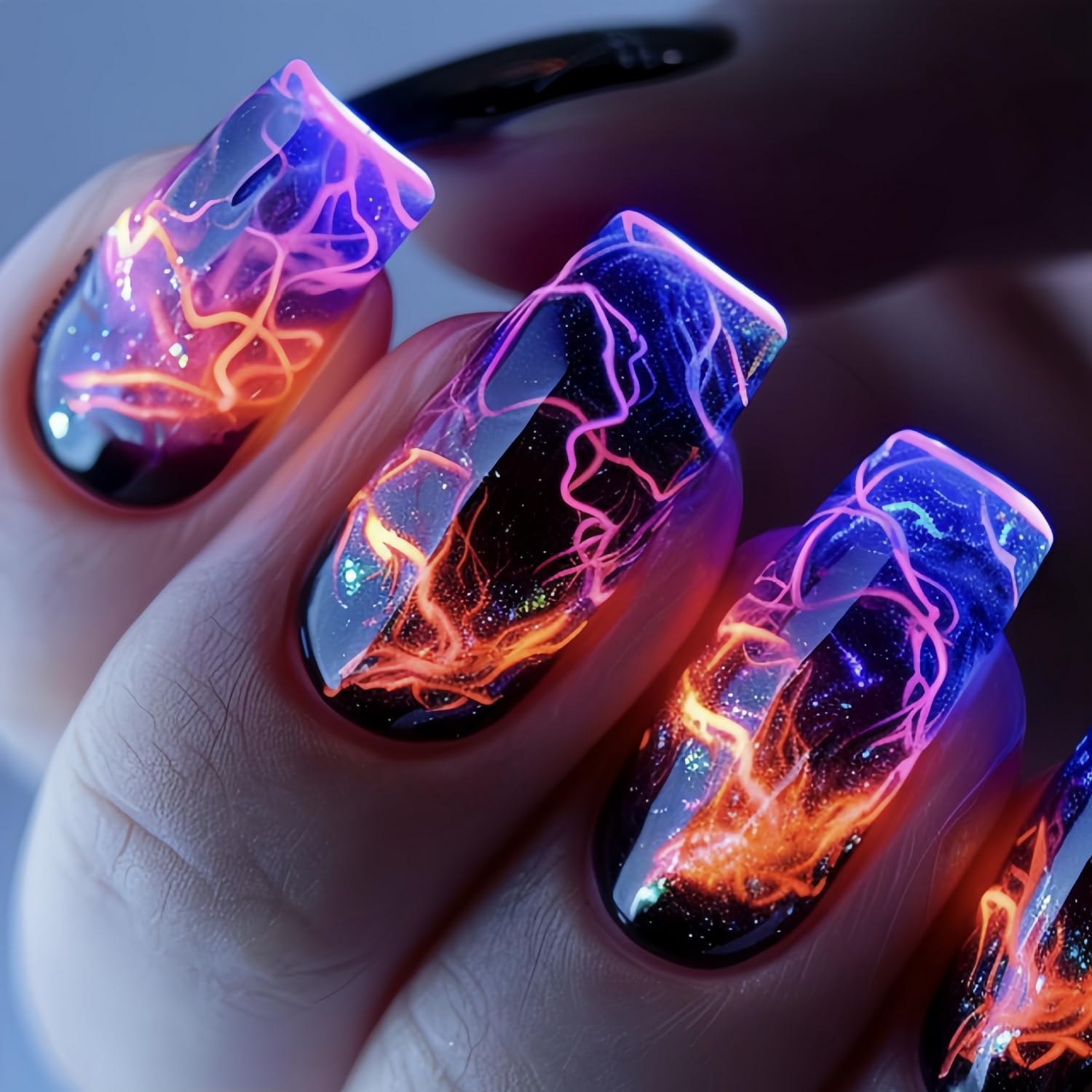 Blue Lightning Press On Nails – Sparkly Acrylic Nail Art