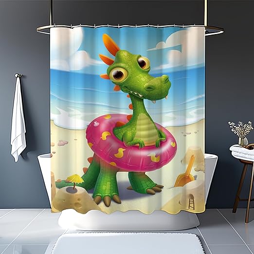 Shower Curtain with 12 Hooks, Dino Swim Ring