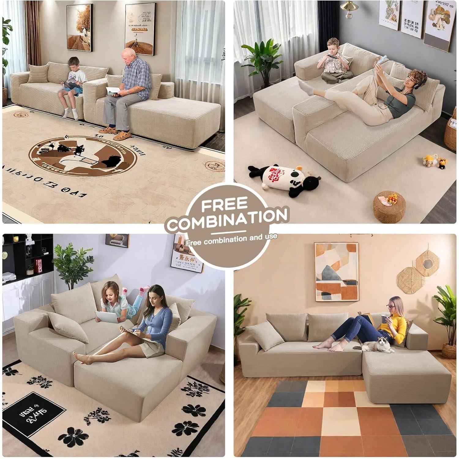 105'' Viral Boneless Couches for Living Room, No Assembly Spineless Couch, L Shaped Sectional Couch with Chaise (Beige Corduroy Fabric, Right Facing Chaise) Beige Corduroy Fabric Right Facing Chaise