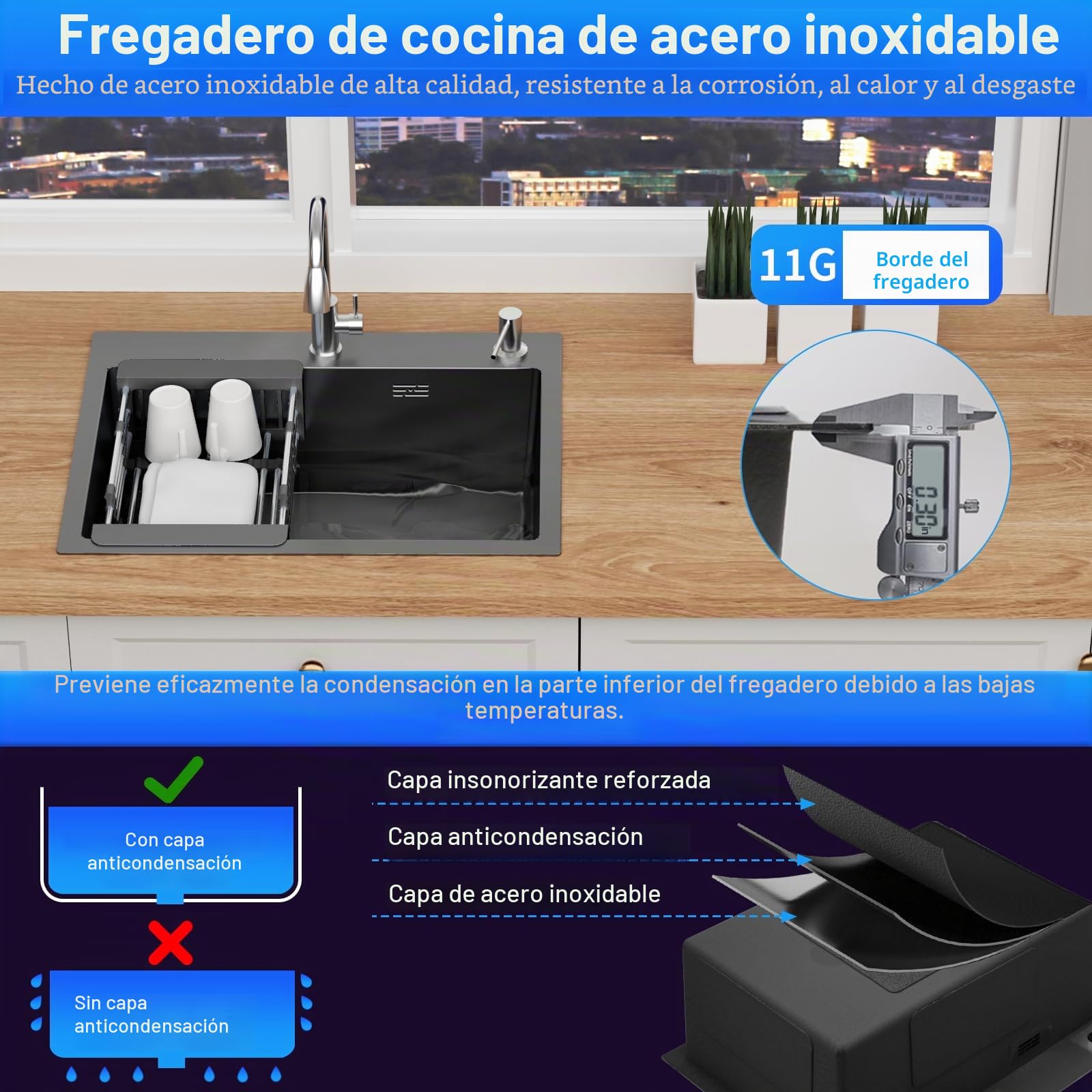 Fregadero Cocina 55 x 45cm,Fregadero Cocina en Acero Inoxidable,Fregadero Bajo Encimera o Sobre Encimera con Filtro de Drenaje,Sifón e Juego de Desagüe