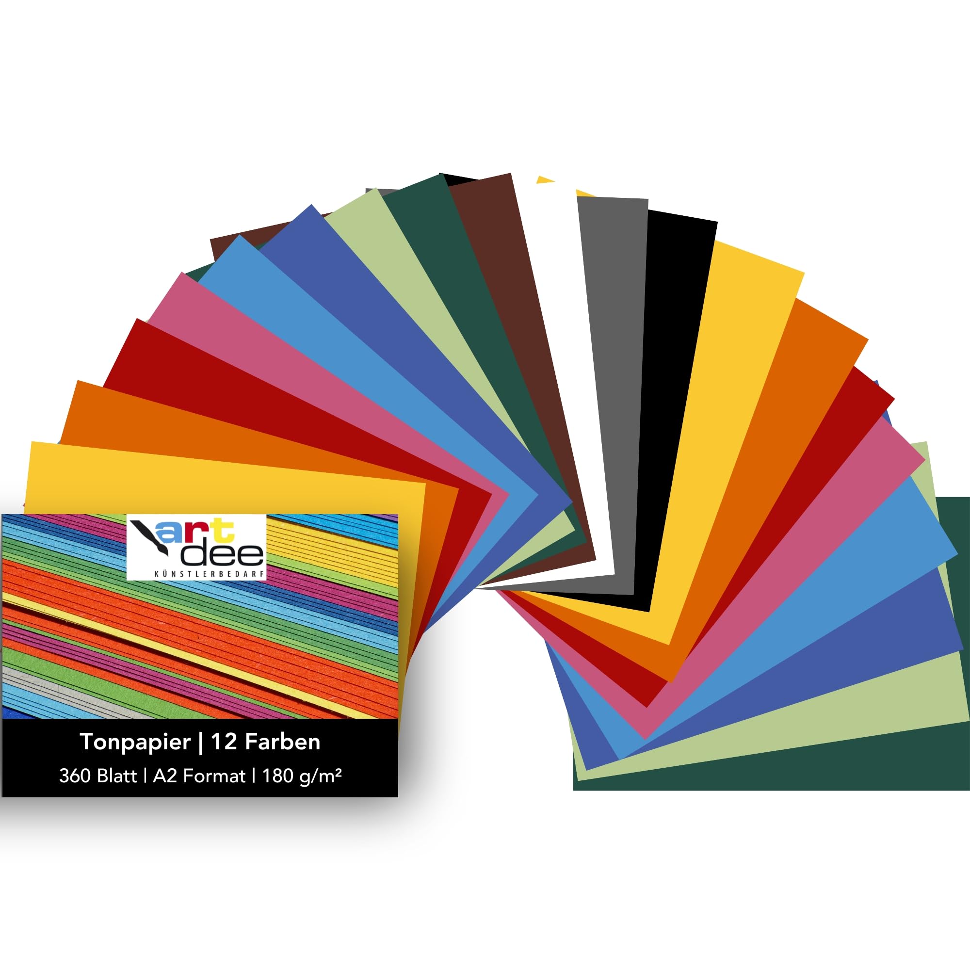 artdee® Tonpapier bunt in 12 verschiedenen Farben 180 g/m² – Bastelpapier Set (360 Blatt gemischt in DIN A2) – Buntes Papier zum Basteln – Bastelpapier bunt für Kinder und Erwachsene