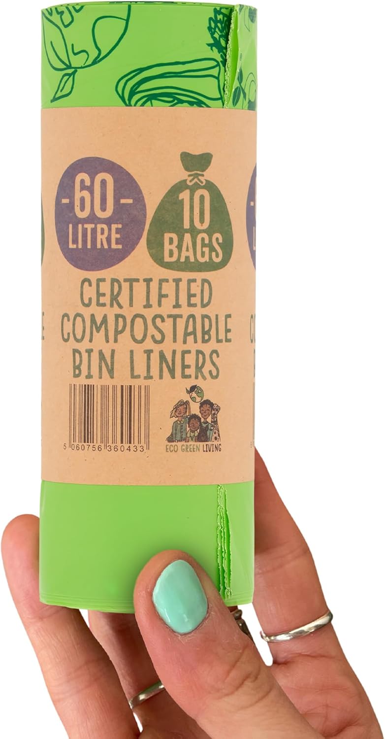 Eco Green Living 60 Litre Compostable Bin Liners, Plastic Free & Recyclable Tall Bin Bags for Food Waste, Leak Resistant Small Bin Liners, 87 x 114 cm - Six Pack (60 Bags)