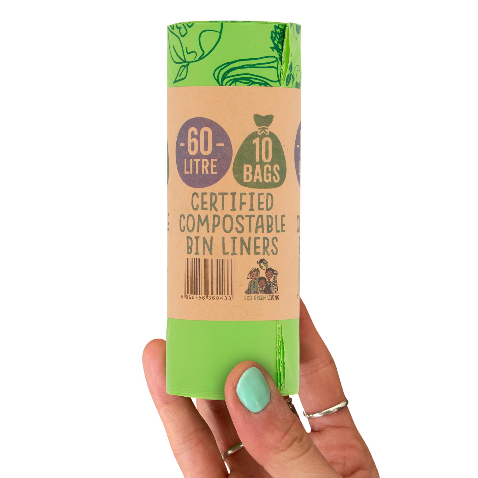 Eco Green Living Sacchi per la spazzatura biodegradabili e compostabili al 100%, 60 litri, per rifiuti alimentari, sacchi alti resistenti,a prova senza BPA, riciclabili, 6 rotoli, 60 sacchetti
