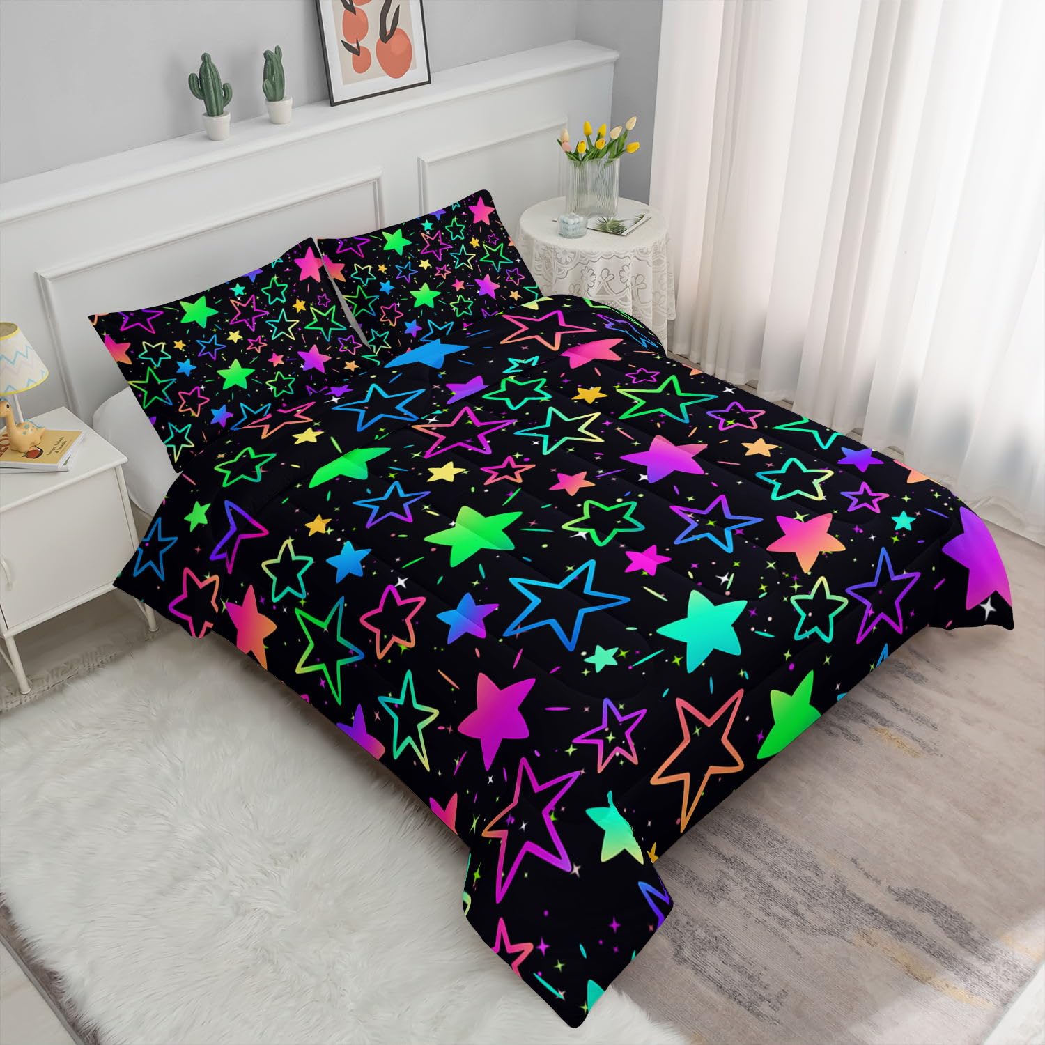 Smell Sunshine Kids Comforter Set Colorful Stars Printed Pattern Bedding Set with 1 Comforter and 2 Pillowcases for Girls Boys Bedroom All Season(Colorful Stars Twin)