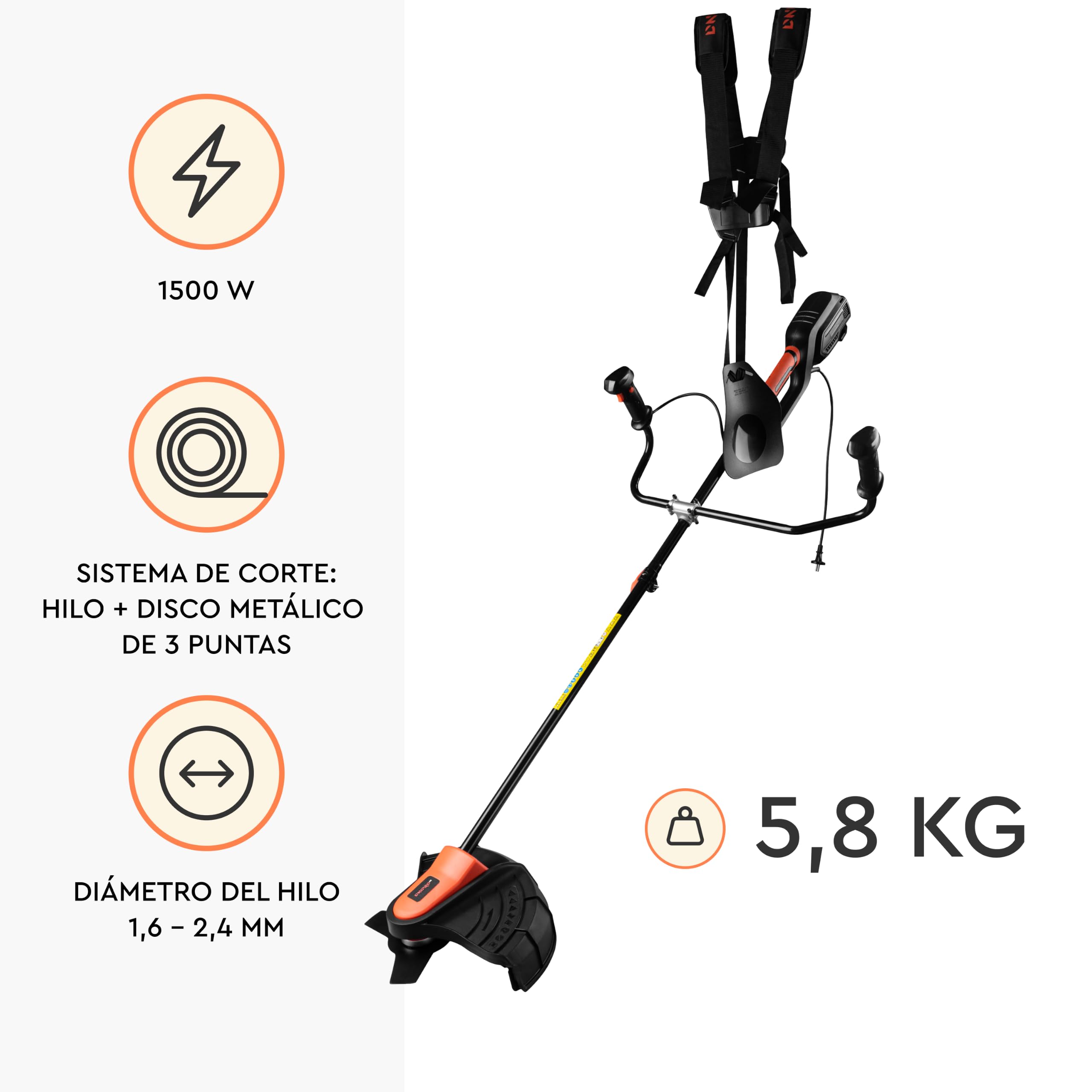 Desbrozadora Eléctrica con Cable 150S - Motor 1500W Arranque Suave y Protección Térmica - Hilo 355mm + Cuchilla 3T - Barra Aluminio Telescópica Ajustable - por Dnipro-M