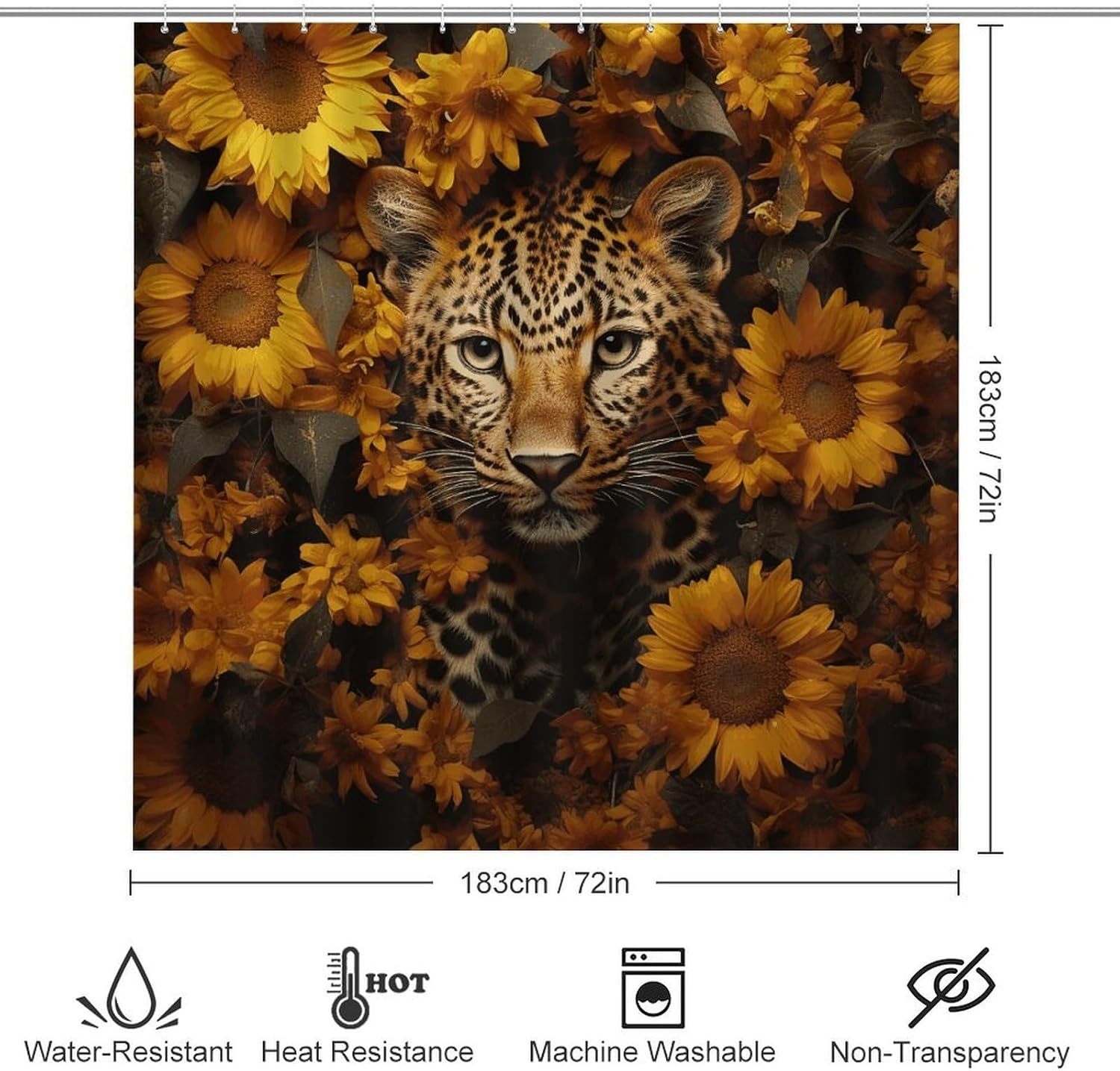 Leopard and Sunflower Shower Curtain Set 4 Piece, Non-Slip Bath Mat with Toilet Lid Cover and Waterproof Shower Curtain with 12 Hooks, Complete Bathroom Set for Home Decor