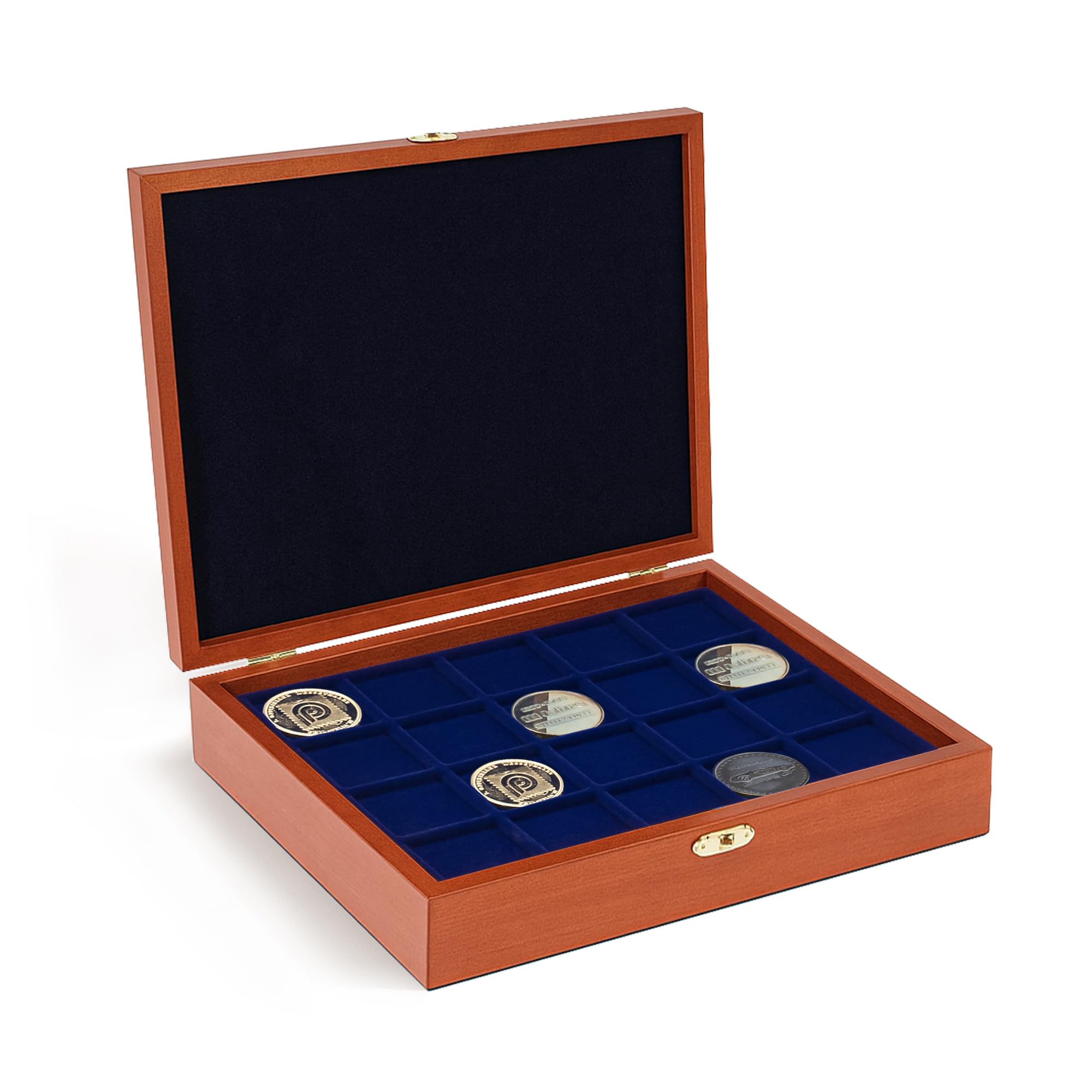 Safe 5883 Coffret à Monnaie en Bois pour 79 pièces de 27-41 mm | Coussinet de Couvercle matelassé et 3 Plateaux Bleu Velours | Compartiments carrés | 255 x 210 x 40 mm