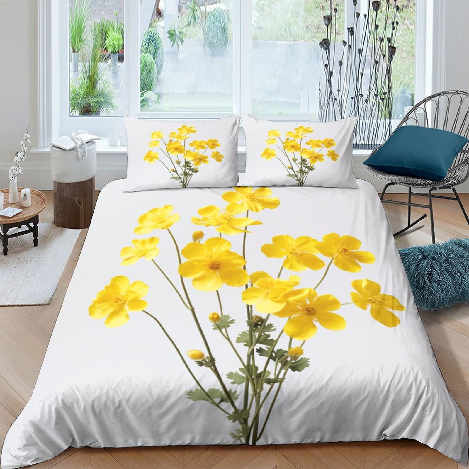 Parure housse de couette 3D fleurs jaunes lit 2 personnes 200x200cm