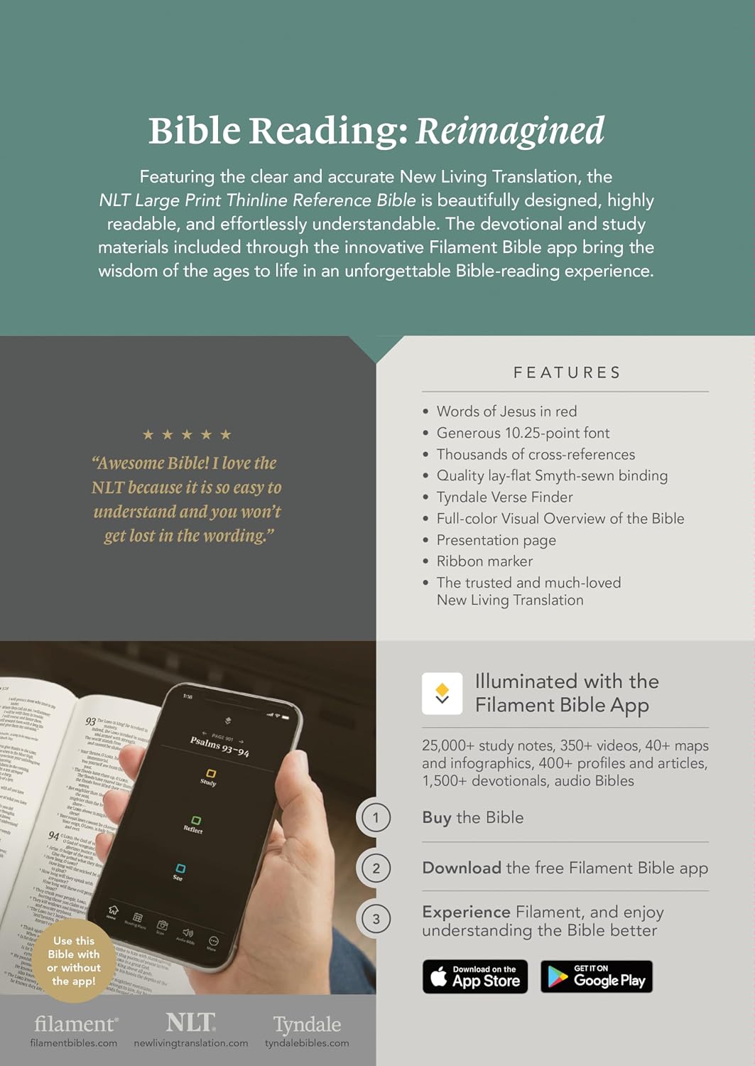 NLT Large Print Thinline Reference Bible, Filament Enabled (LeatherLike, Rustic Brown, Red Letter): Includes Free Access to the Filament Bible App ... Notes, Devotionals, Worship Music, and Video