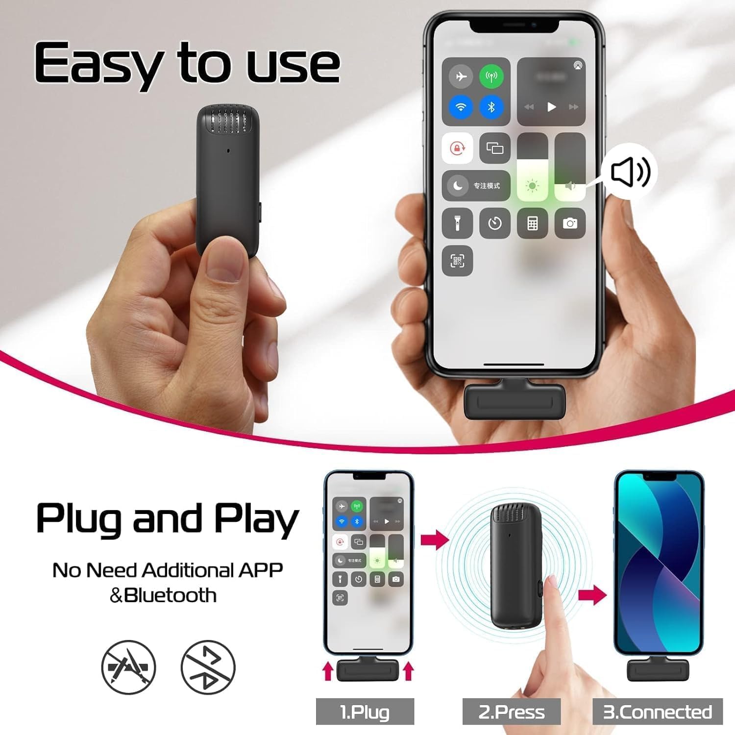 SKYCELL Microfono wireless J13, risvolto con riduzione del rumore con custodia di ricarica, wireless a doppio canale per YouTube, registrazione video, Facebook, compatibile con Type-C e iPhone