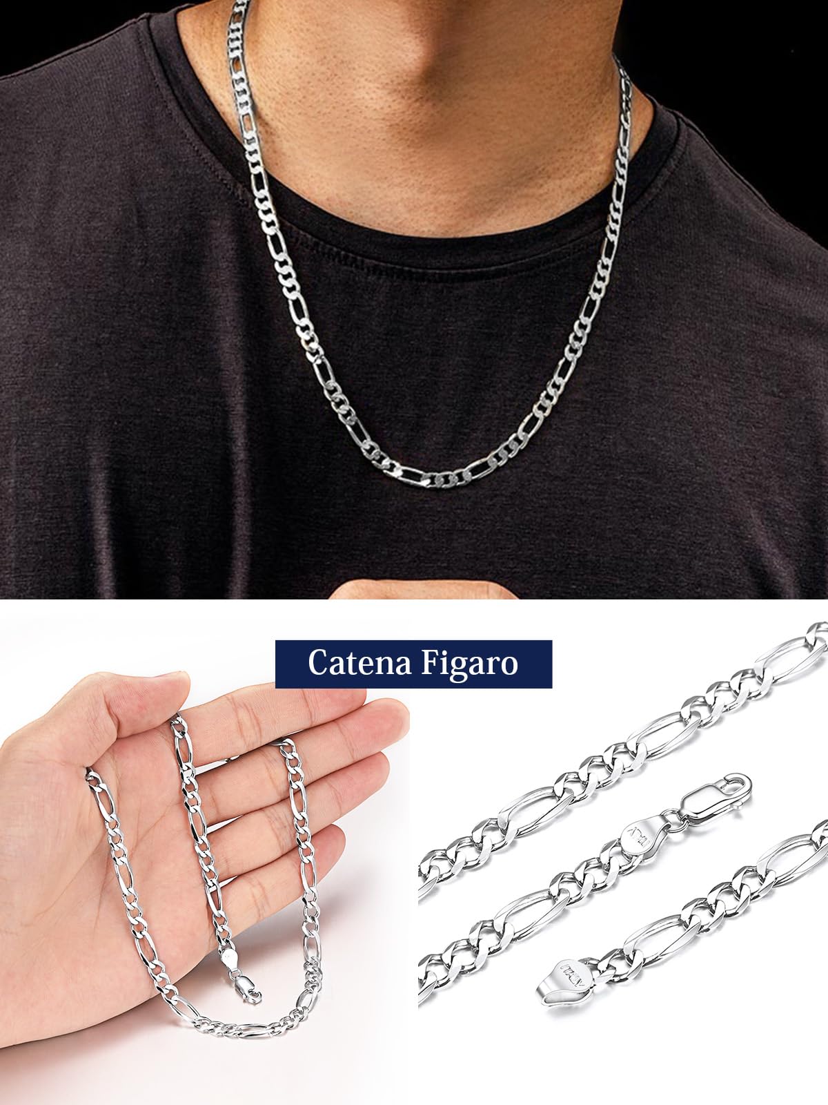 Suplight Collana Argento Uomo e Donna a Catena Figaro Collana Uomo in Argento 925 Larghezza 3/5mm Lunghezza 36/46/51/56/61/66/71cm con Confezione Regalo