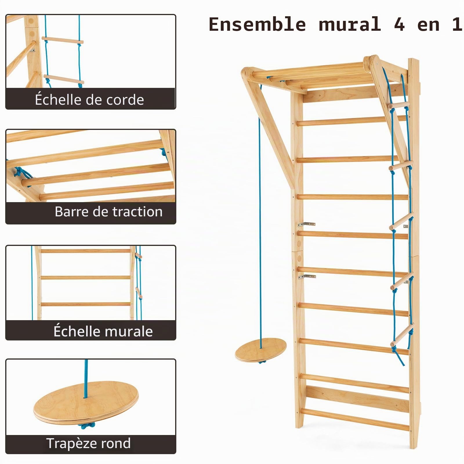 HOMASIS Espalier suédois avec échelle de corde et trapèze rond en bois, espalier de gymnastique échelle d'intérieur pour entraînement, mur d'escalade pour enfants et adultes, charge maximale de 100 kg