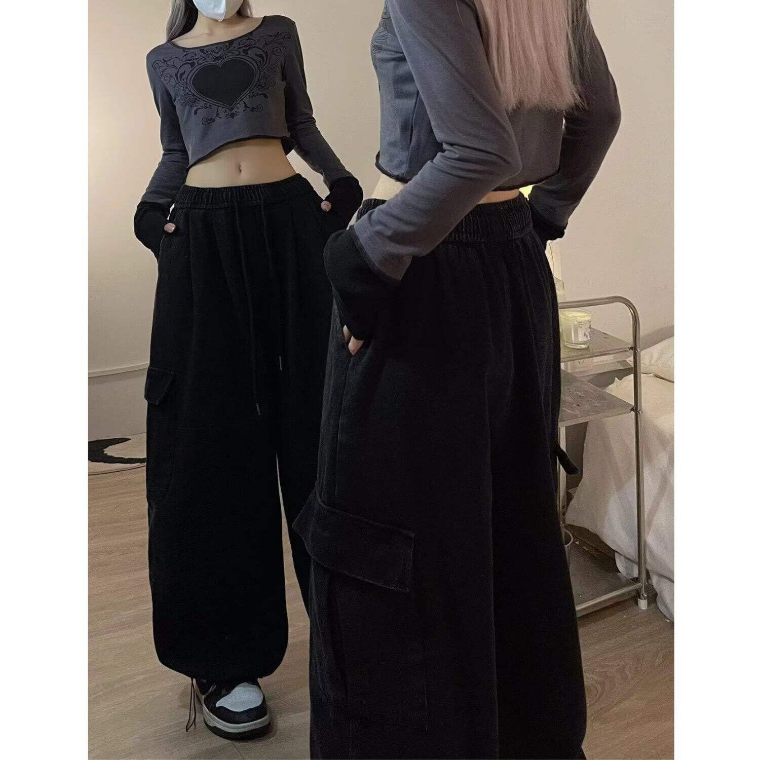 PEAINJ Baggy Cargo Pants for Women Men Y2k Wide Leg Sweatpants High Waisted Drawstring Pants Hip Hop Clothes: Style2 X-Small