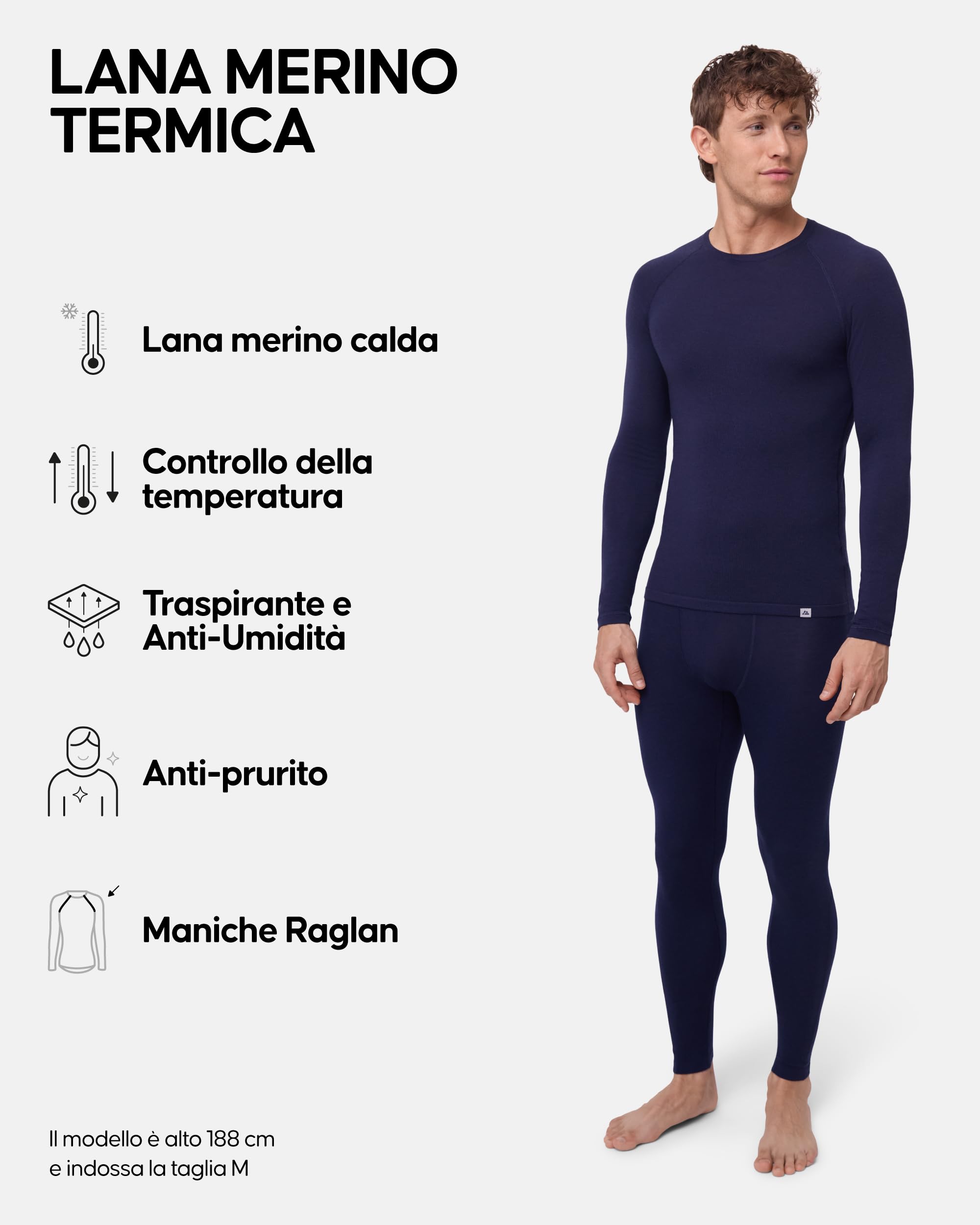 DANISH ENDURANCE Intimo Termico Uomo Lana Merino, Maglia Termica Uomo e Pantaloni Termici, Calzamaglia Termica Uomo Invernale per Sci, Trekking