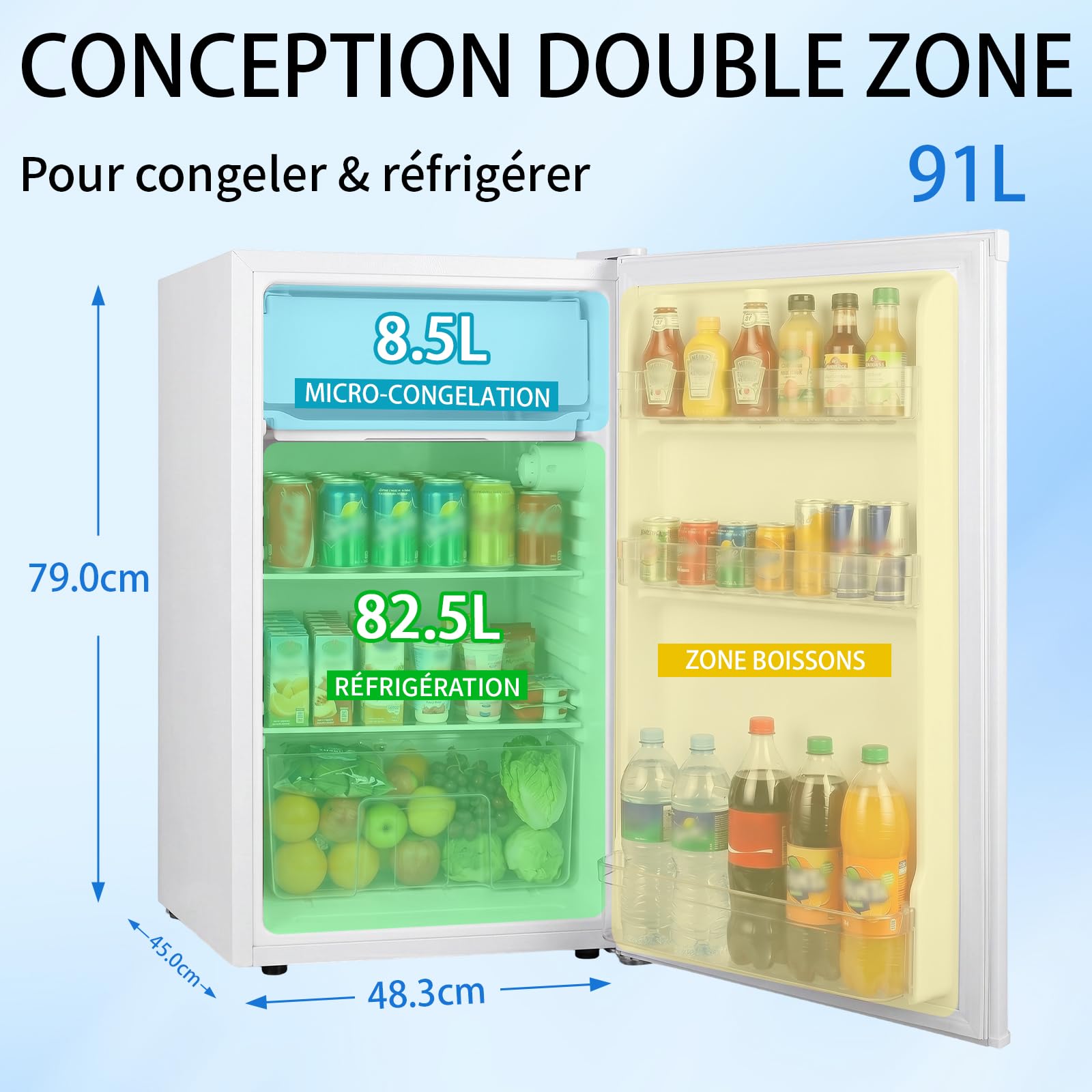 Mini réfrigérateur 91 L avec congélateur porte simple, thermostat 7 réglages, silencieux, compact blanc