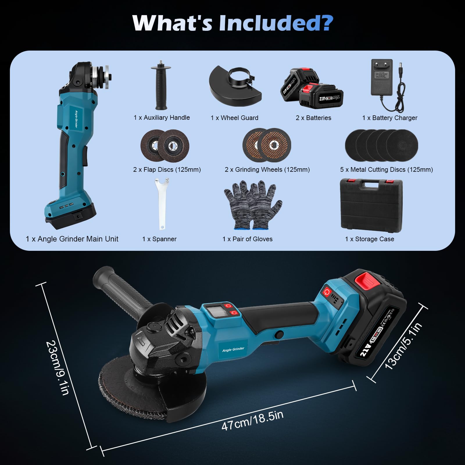 Smerigliatrice angolare senza fili, 800 W, 21 V, senza spazzole, con 2 batterie da 4,0 Ah, diametro del disco 125 mm, 9000 giri/min, per dischi da taglio, dischi lamellari per taglio e levigatura
