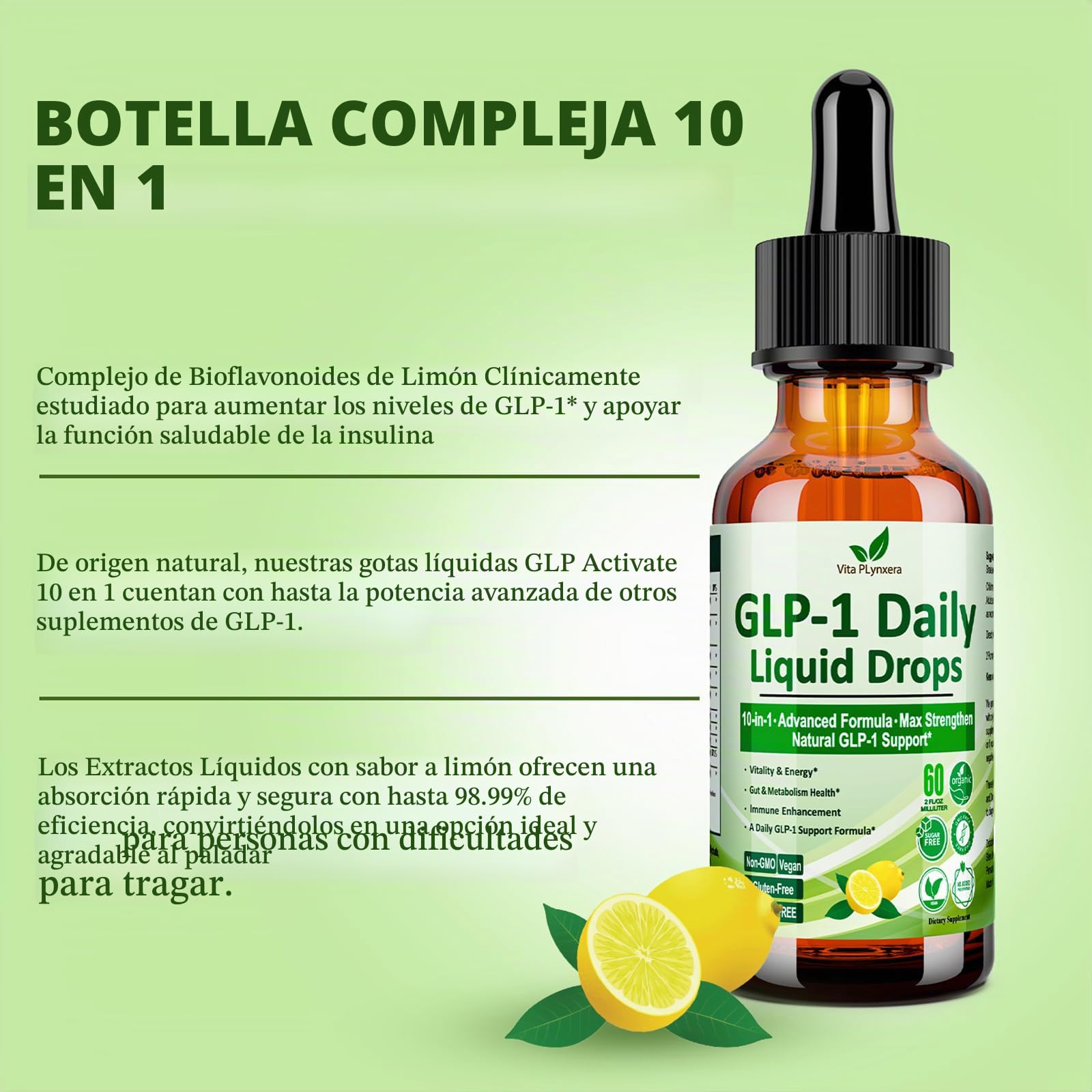 Gotas líquidas de apoyo GLP-1, fórmula 10 en 1 con berberina, canela de Ceilán, fibra prebiótica y extracto de té verde