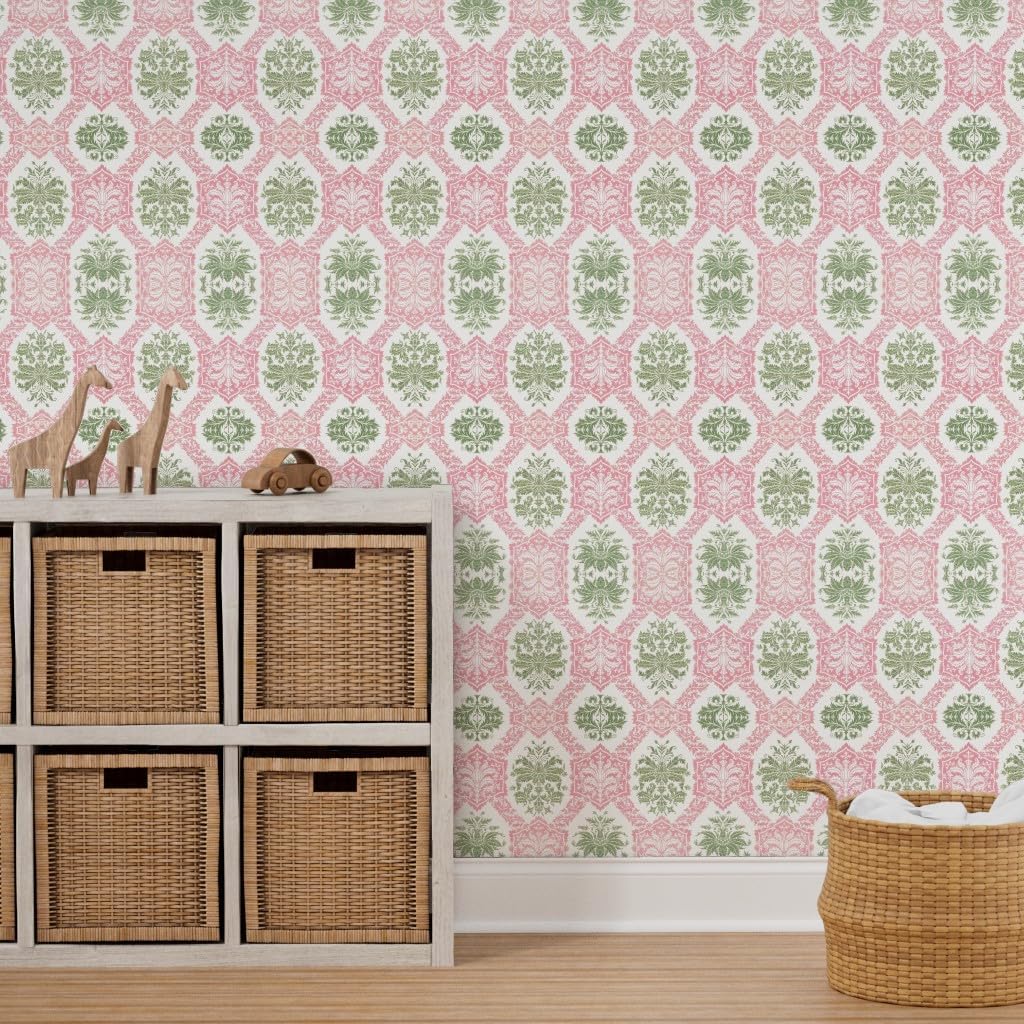 Peel & Stick Wallpaper 3ft x 2ft - Indian Block Print Bombay Pink and Green Colonial Custom Removable Wallpaper by Spoonflower