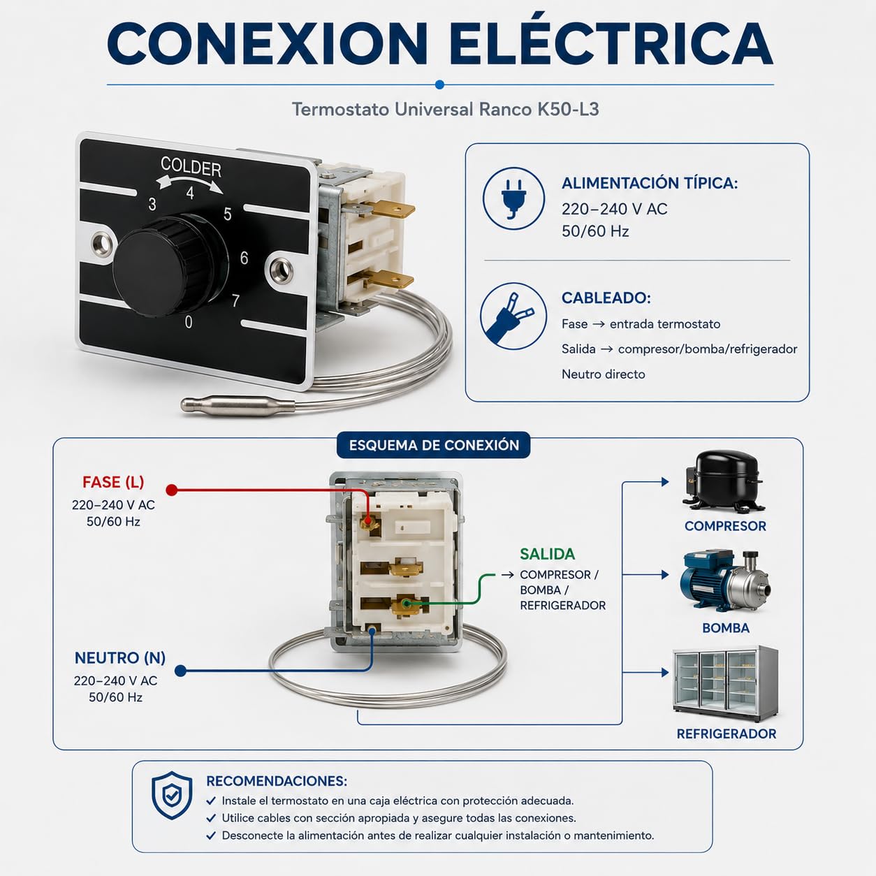 CABLEPELADO - Termostato Universal Ranco K50-P1110 | Control de Temperatura para Frigorífico, Botellero y Vitrina | Rango Ajustable +1°C a +7°C | Capilar de 1200 mm | Kit con Mando y Placa
