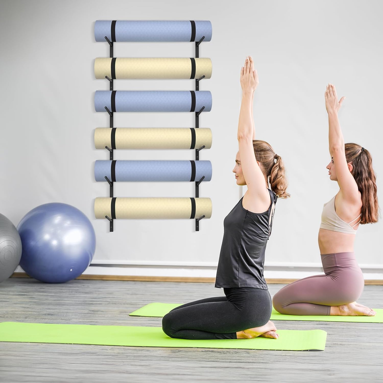 6 Tier Yoga Mat Rack,Yoga Mat Holder Wall Mount,Yoga Mat Storage Rack,Holds 30 lbs for Foam Rollers,Resistance Bands,Home Gym