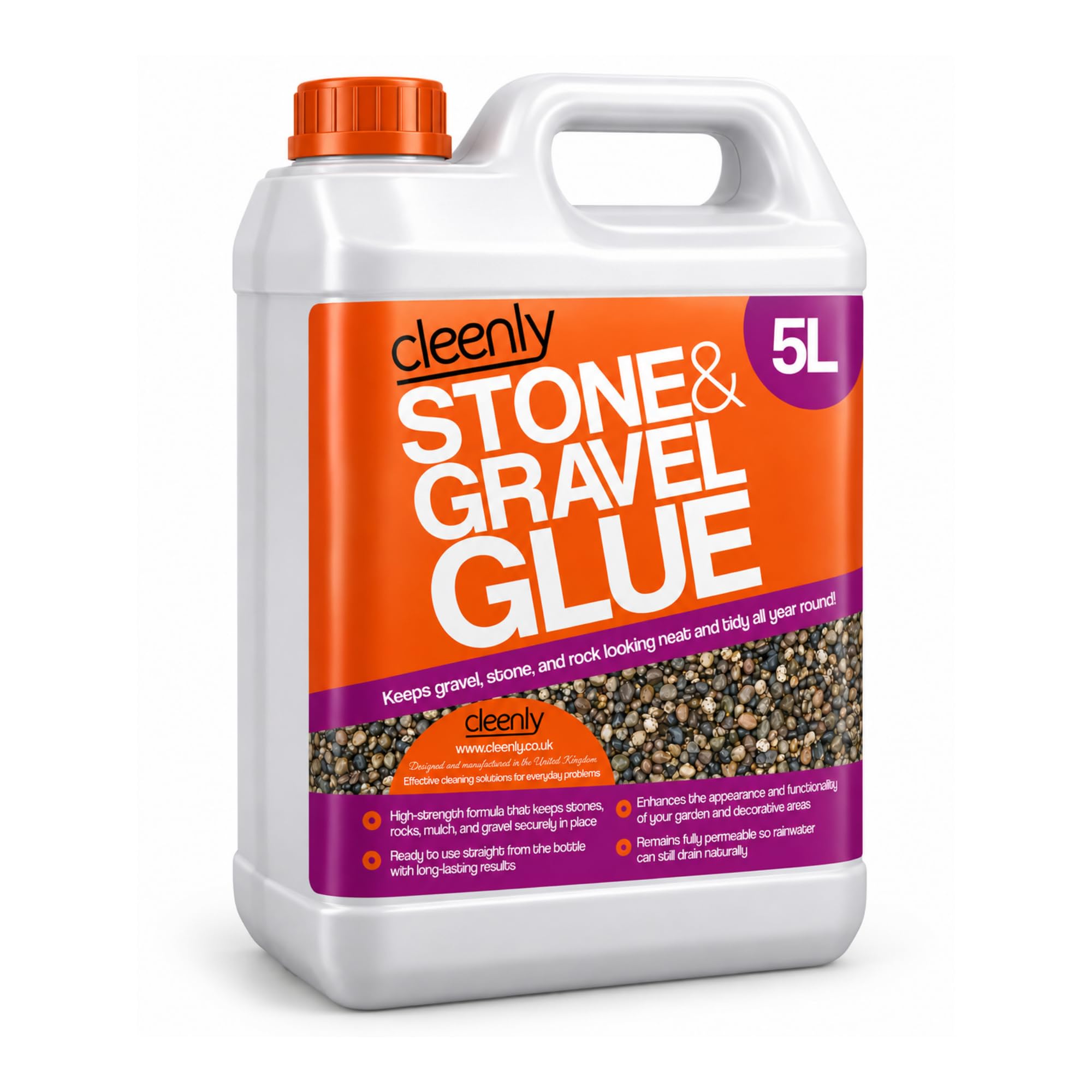 Cleenly Stone & Gravel Glue 5L – Gravel Binder for 4–20mm Gravel, Decorative Stone, Bark, Slate & Mulch – Strong, Porous, Weather-Resistant & Pet Safe – Covers Up to 80 sq ft