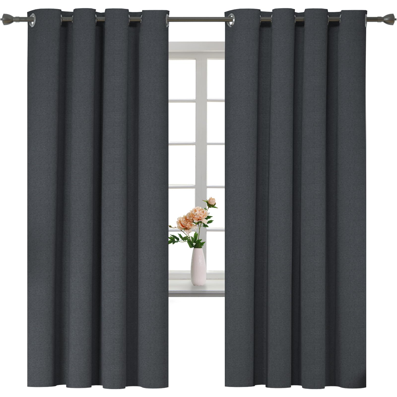 YSTELLAA Rideau 100% Occultant Lot De 2, 140×180cm, Effet Lin, Rideau Thermique Isolant Anti Froid Et Chaleur, Rideaux Anti Bruit, avec Oeillet, pour Salon Et Chambre, Gris