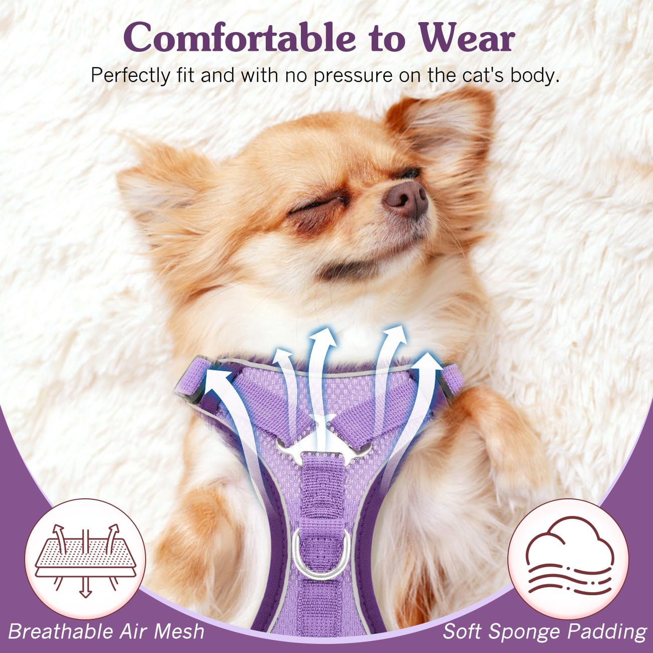VavoPaw Pettorina per Cani con Guinzaglio da 1,5M, Imbracatura per Gatti Antifuga con Rete Traspirante e Strisce Riflettenti, Gilet Morbido e Regolabile per Cani Gatti, L, Viola Chiaro