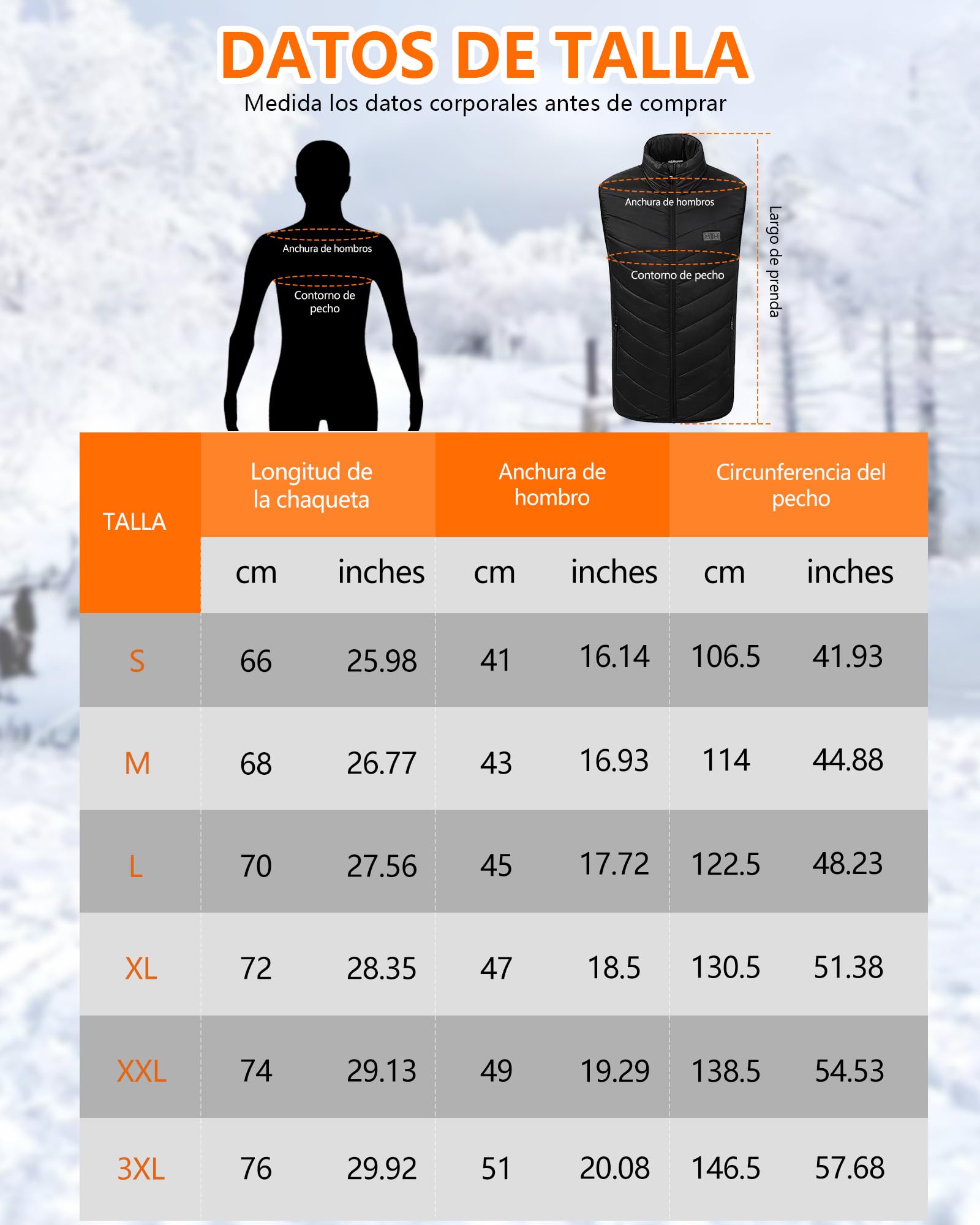 Chaleco Calefactable Hombre con Batería De 10000 mAh, 3 Temperaturas, 5 Zonas de Calentamiento, Chaqueta Calefactable con Carga USB, para Esquí, Motociclismo, Senderismo y Pesca