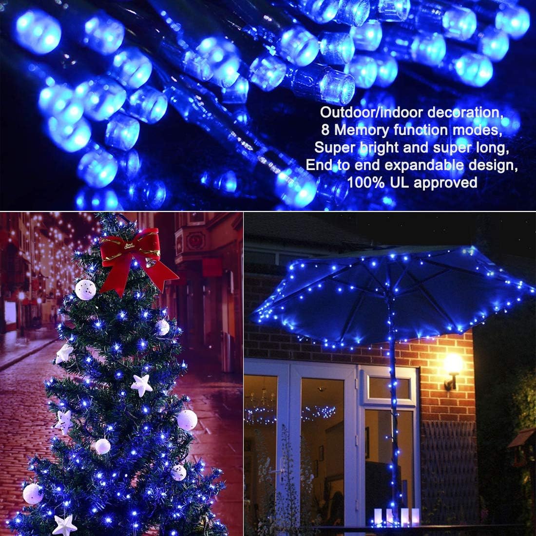 Christmas String Lights - 110 LEDs 46ft/14m 8 Modes End-to-End Plug in Indoor/Outdoor Waterproof Decorative Fairy Twinkle Halloween Lights for Tree/Wedding/Thanksgiving Day/Patio Decorations - Blue