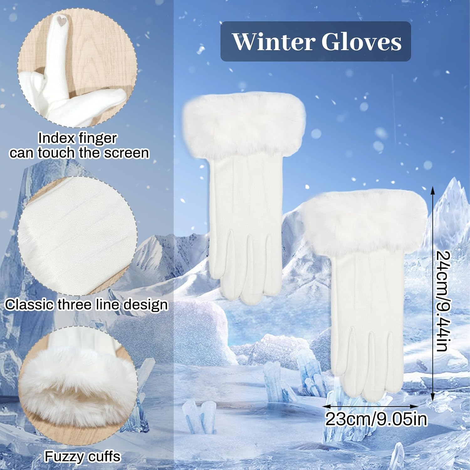 Women Winter Warm Set White Furry Bucket Hat Knitted Scarf Touchscreen Gloves Fluffy Warm Winter Gifts for Women(White) - Image 4