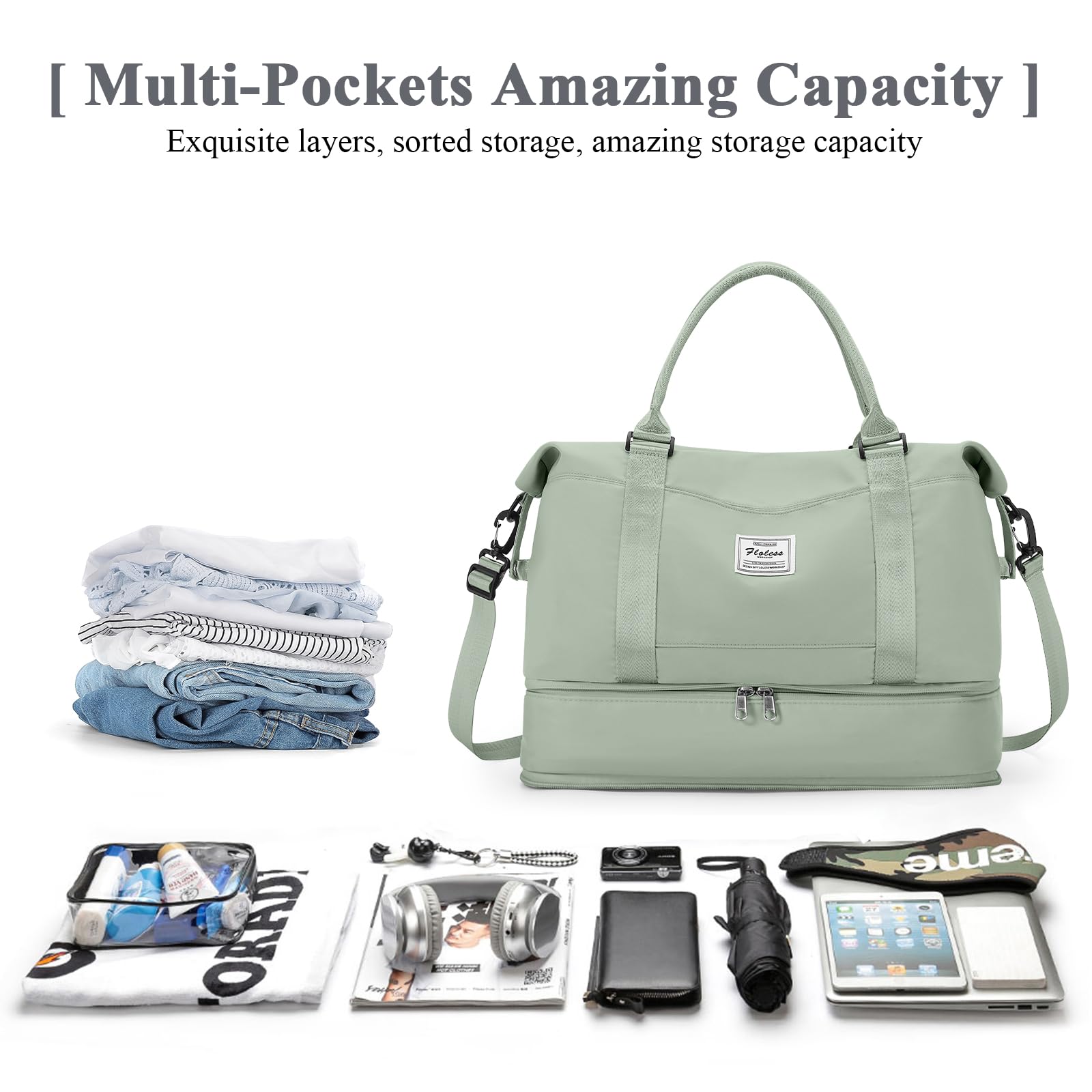 Borsone da Viaggio Donna, 40x20x25 Ryanair Bagaglio a Mano Borsa da Viaggio con Scomparto per le Scarpe, Borsa Sportiva Borsone da Palestra Grande, Borsa da Weekend,Borsa per Ospedale,F13-Bianco verde