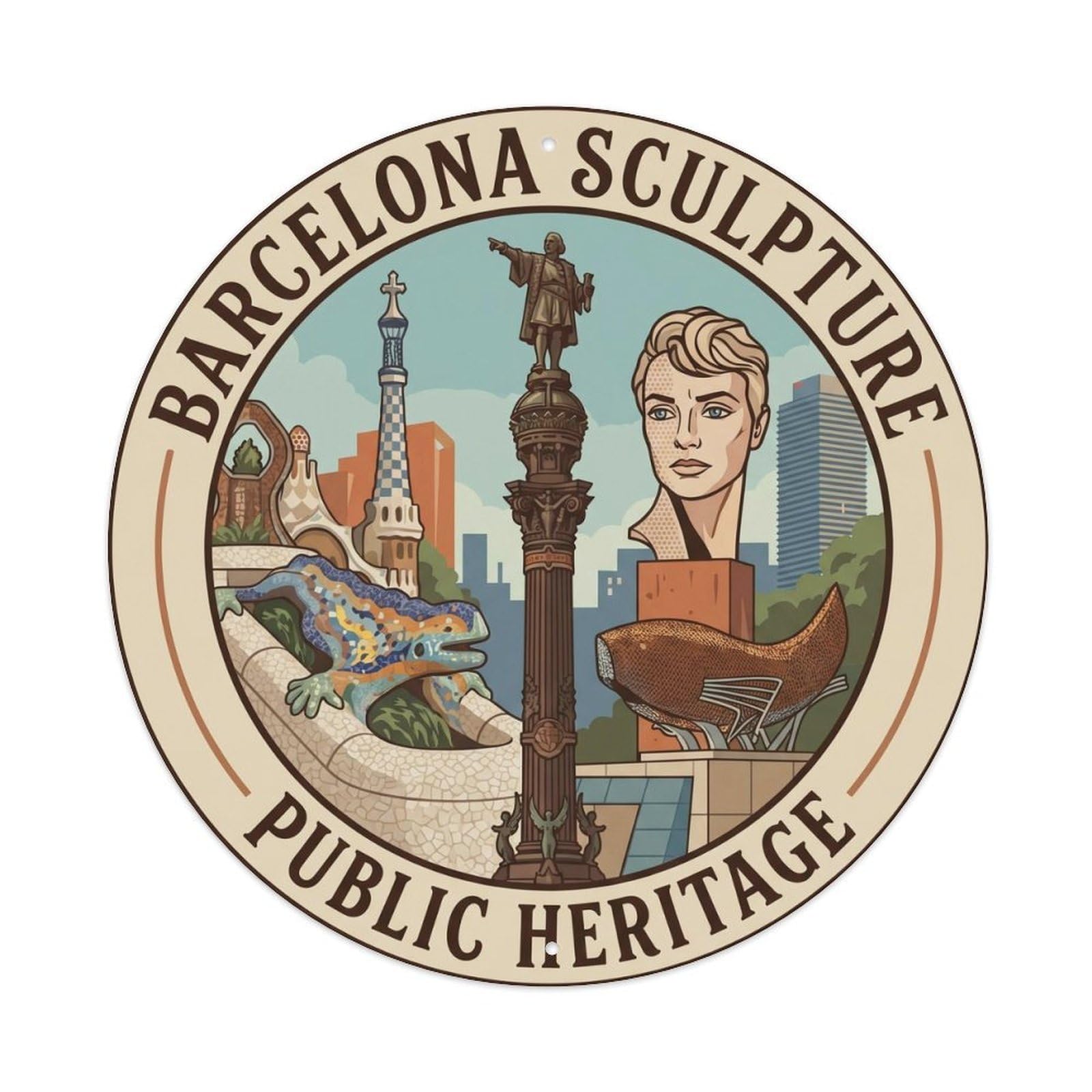Vintage Barcelona Sculpture Catalan Heritage Spanish Culture Metal Tin Sign Plaque Wall Decor for Cafe, Man Cave, Club Bar, Office, Home Garden Round Metal Poster 8x8Inch
