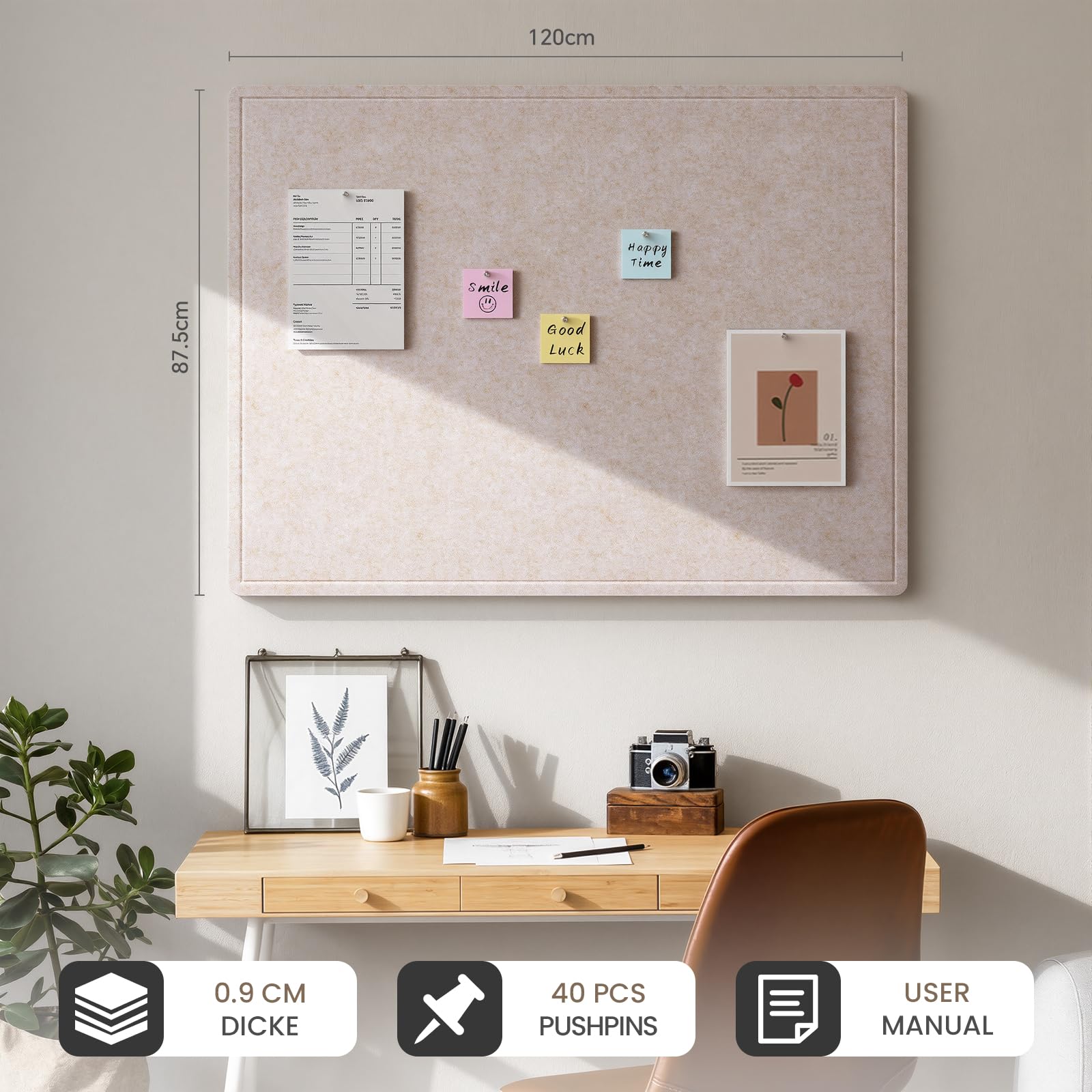 Großes Filz Pinnwand, 120x90 cm Filzboard mit 40 Reißzwecken, faltbares Bulletin Board, Fotodisplay-Tafel mit selbstklebendem Klebeband für Büro, Zuhause und Schule (Oatmeal, 120x90 cm)