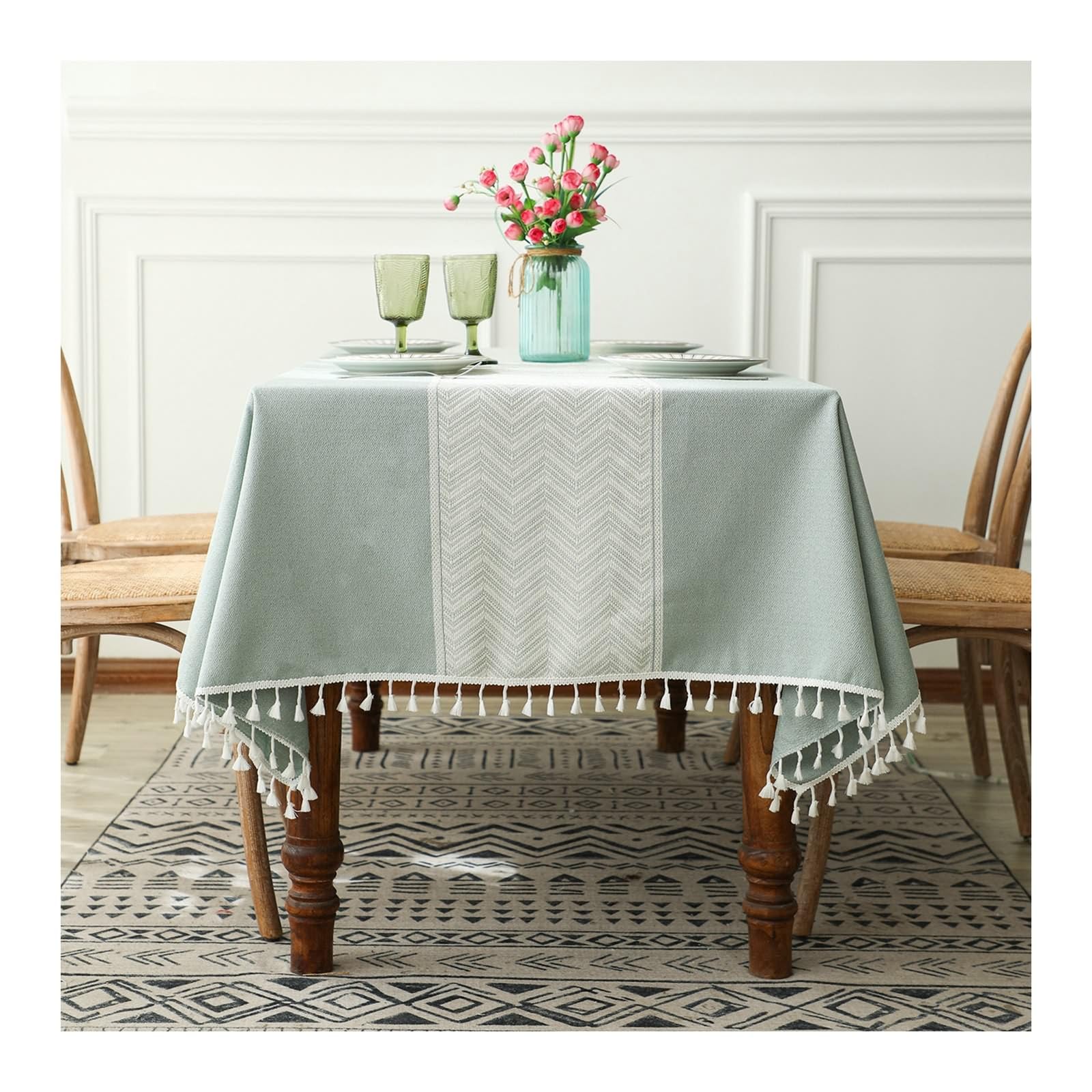 Daesar Mantel Salón Rectangular,Manteles Poliéster Antimanchas Empalme de Rayas Onduladas con Borlas Manteles de Mesa Comedor Verde,100x160CM(63x39Inch)