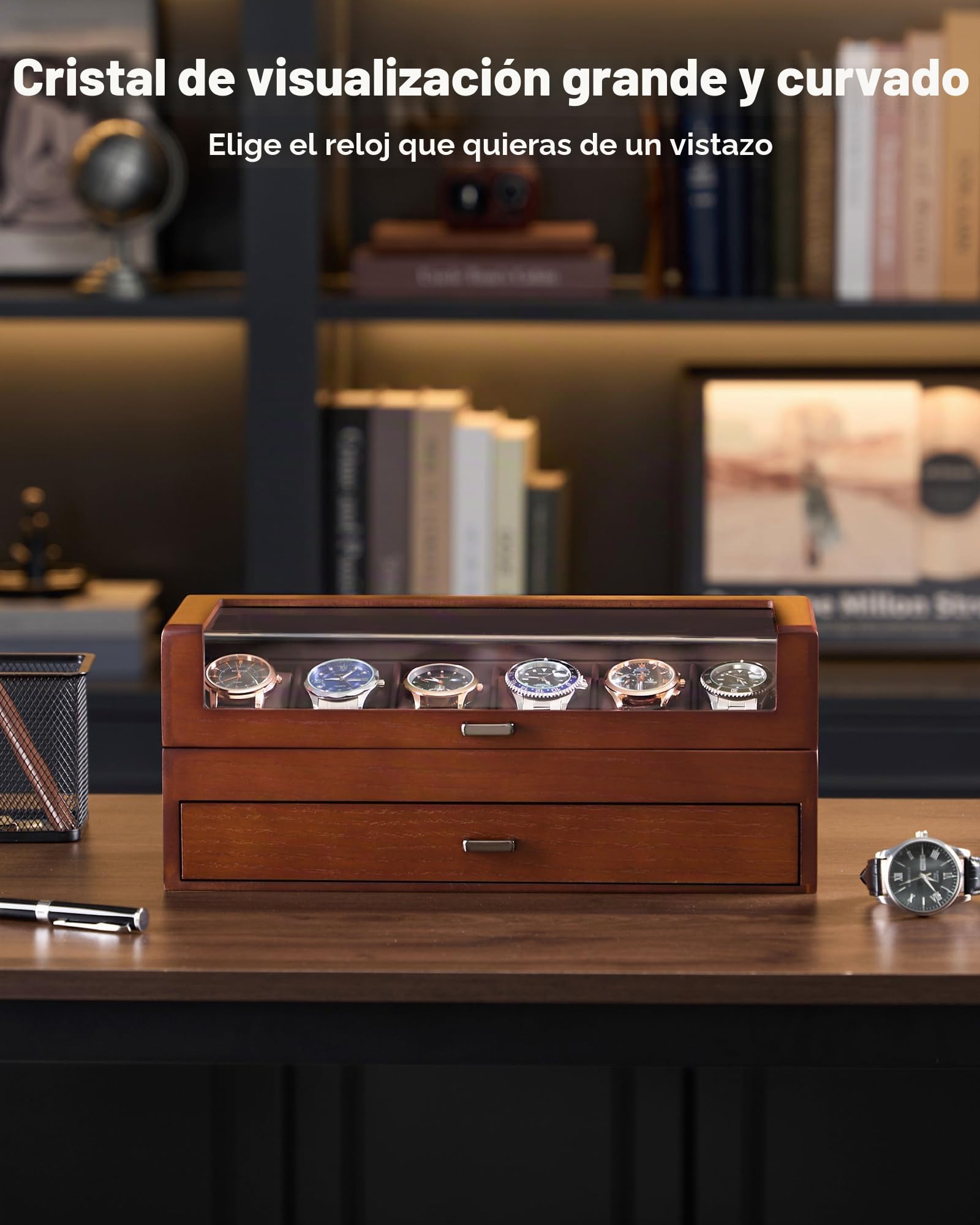 ProCase Estuche para Relojes de Madera, Caja Organizadora de 6 Ranuras con Cajón y Tapa de Cristal, Almohadillas y Forro Interior Suave, Porta Relojes para Hombre –6 Slot, Marrón